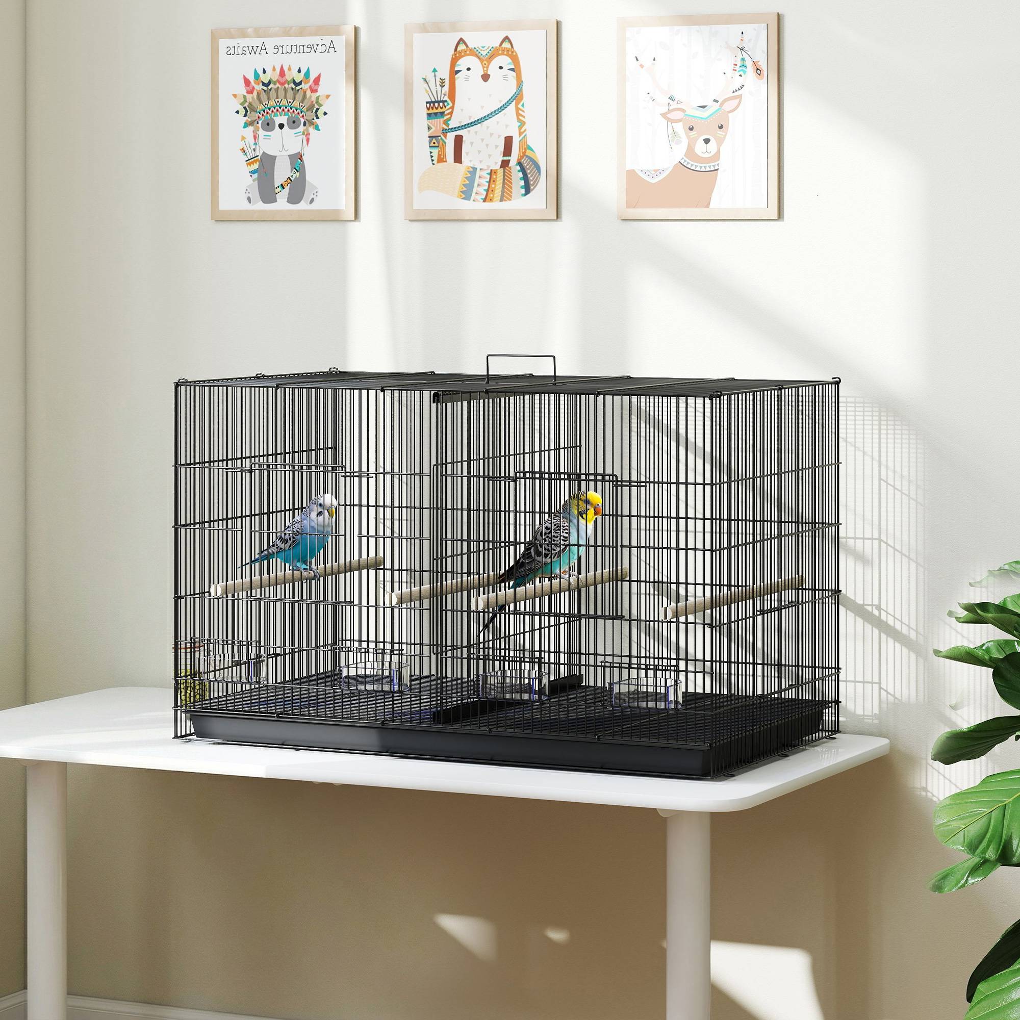 Cage pour oiseaux avec séparateur, 4 mangeoires, 4 oiseaux, plateau amovible pour perruches (Loros canarios), 94 x 57 x 57 cm, noire - Image 3