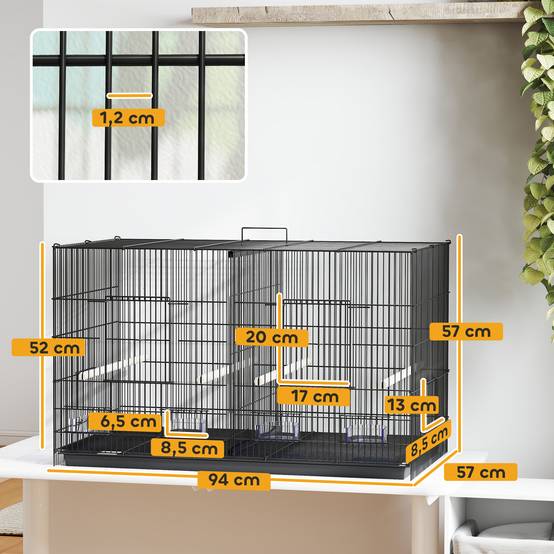 Cage pour oiseaux avec séparateur, 4 mangeoires, 4 oiseaux, plateau amovible pour perruches (Loros canarios), 94 x 57 x 57 cm, noire - Image 5