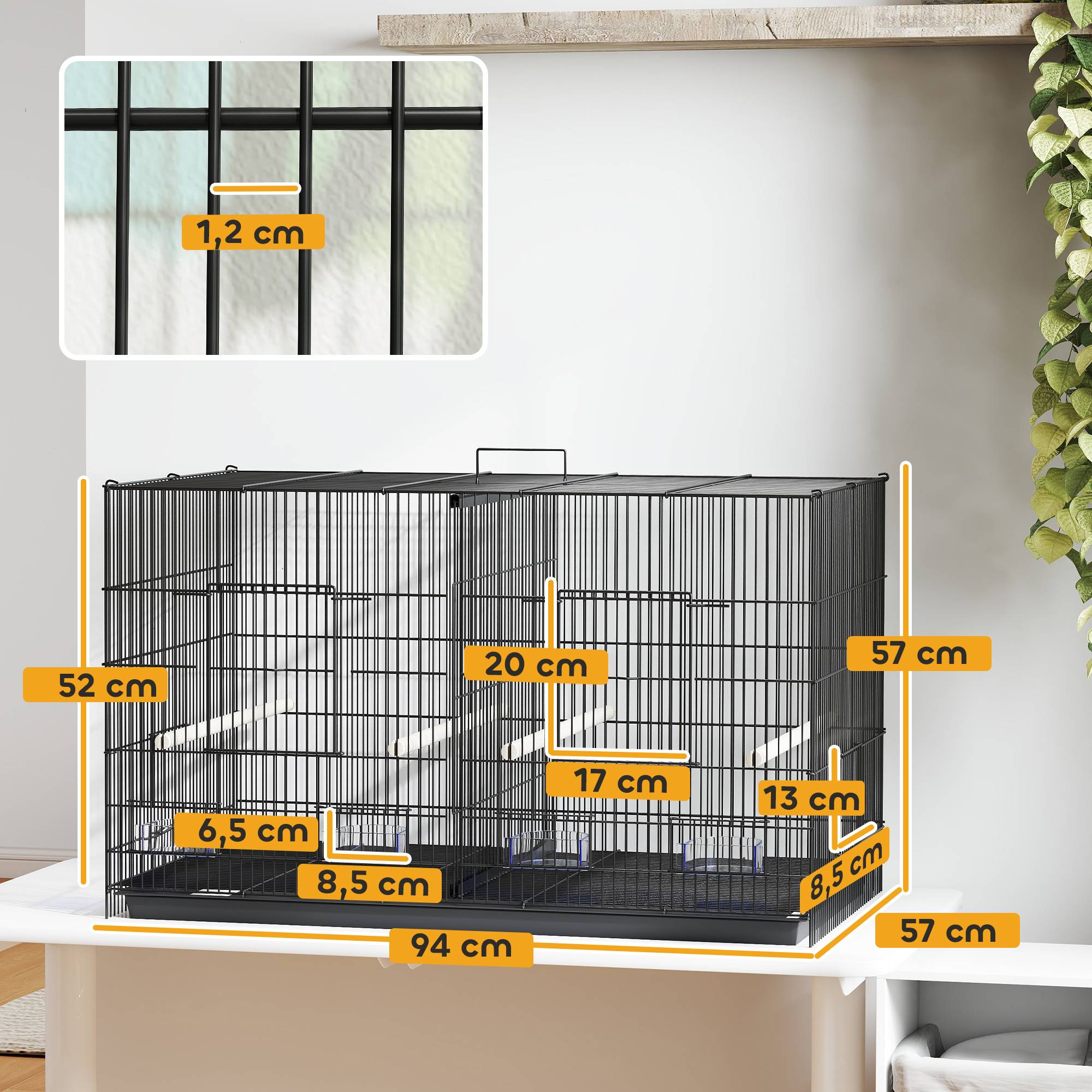 Cage pour oiseaux avec séparateur, 4 mangeoires, 4 oiseaux, plateau amovible pour perruches (Loros canarios), 94 x 57 x 57 cm, noire - Image 5