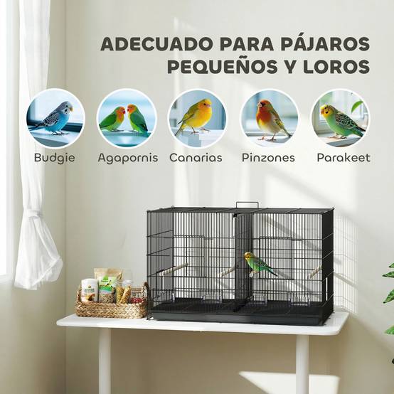Cage pour oiseaux avec séparateur, 4 mangeoires, 4 oiseaux, plateau amovible pour perruches (Loros canarios), 94 x 57 x 57 cm, noire - Image 10