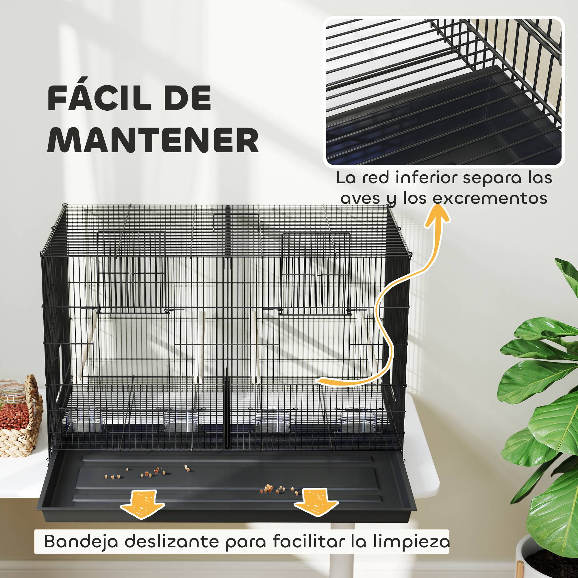 Cage pour oiseaux avec séparateur, 4 mangeoires, 4 oiseaux, plateau amovible pour perruches (Loros canarios), 94 x 57 x 57 cm, noire - Image 9