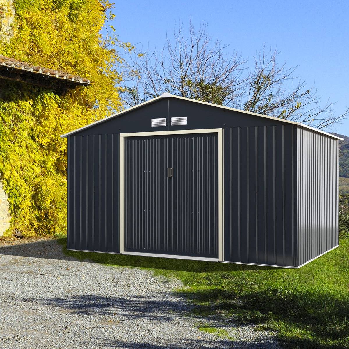 Helloshop26 - Abri de jardin en métal 8,67 ㎡ 340 x 255 x 210 cm avec 2 portes coulissantes verrouillables 4 trous d’aération gris pour vélo - Image 2