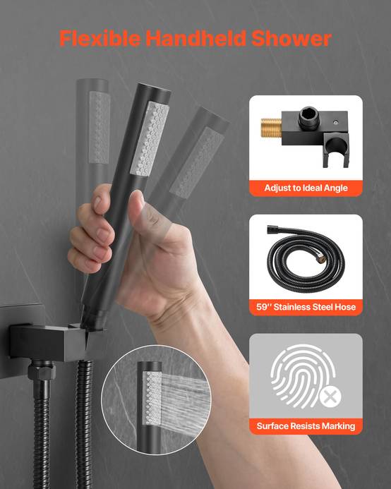VEVOR Kit de Douche avec Douchette de Tête Carrée 25,4 cm et à Main Noir Mat - Image 3