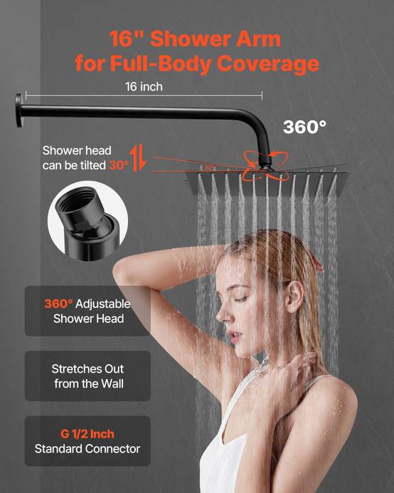 VEVOR Kit de Douche avec Douchette de Tête Carrée 25,4 cm et à Main Noir Mat - Image 4