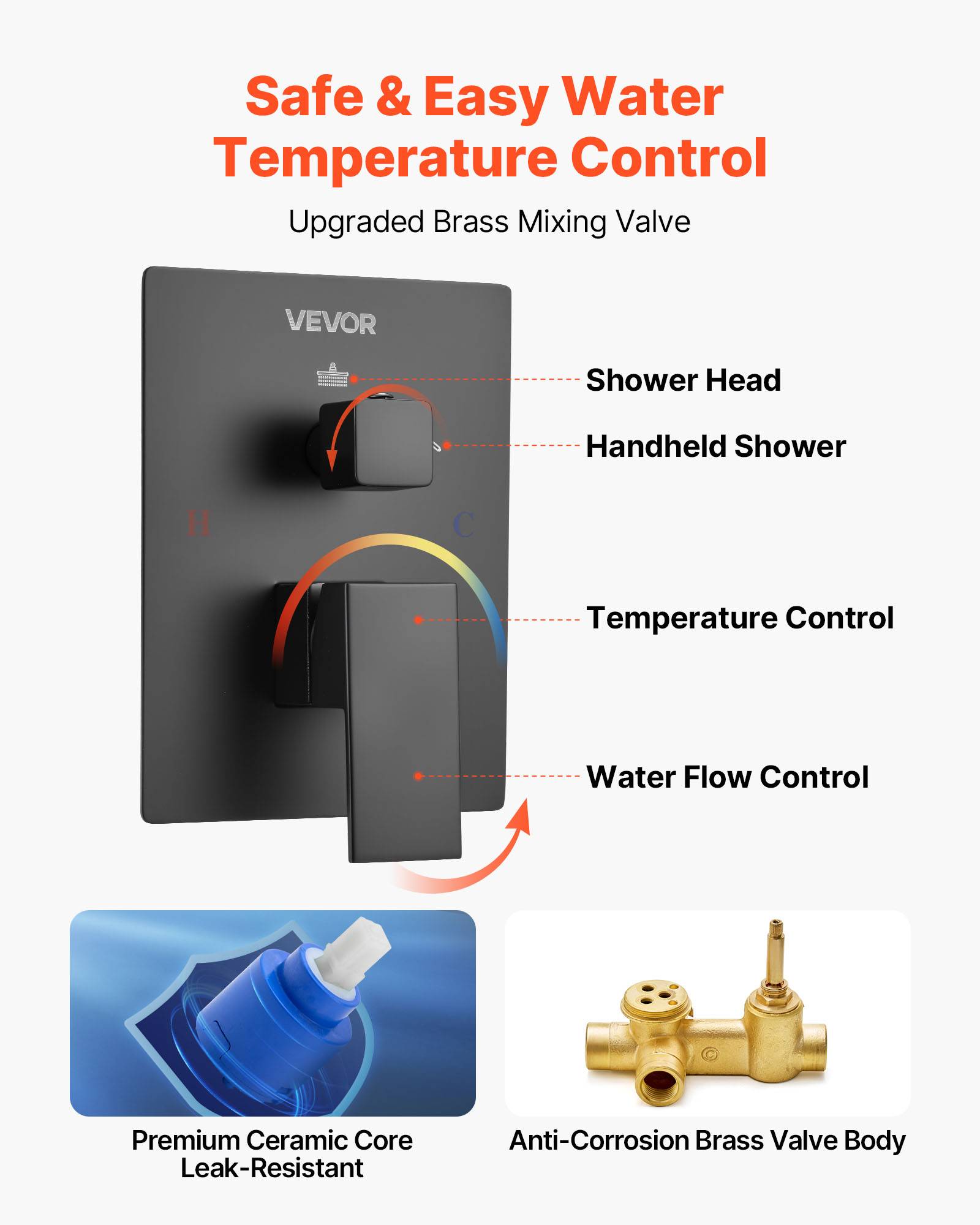 VEVOR Kit de Douche avec Douchette de Tête Carrée 25,4 cm et à Main Noir Mat - Image 5