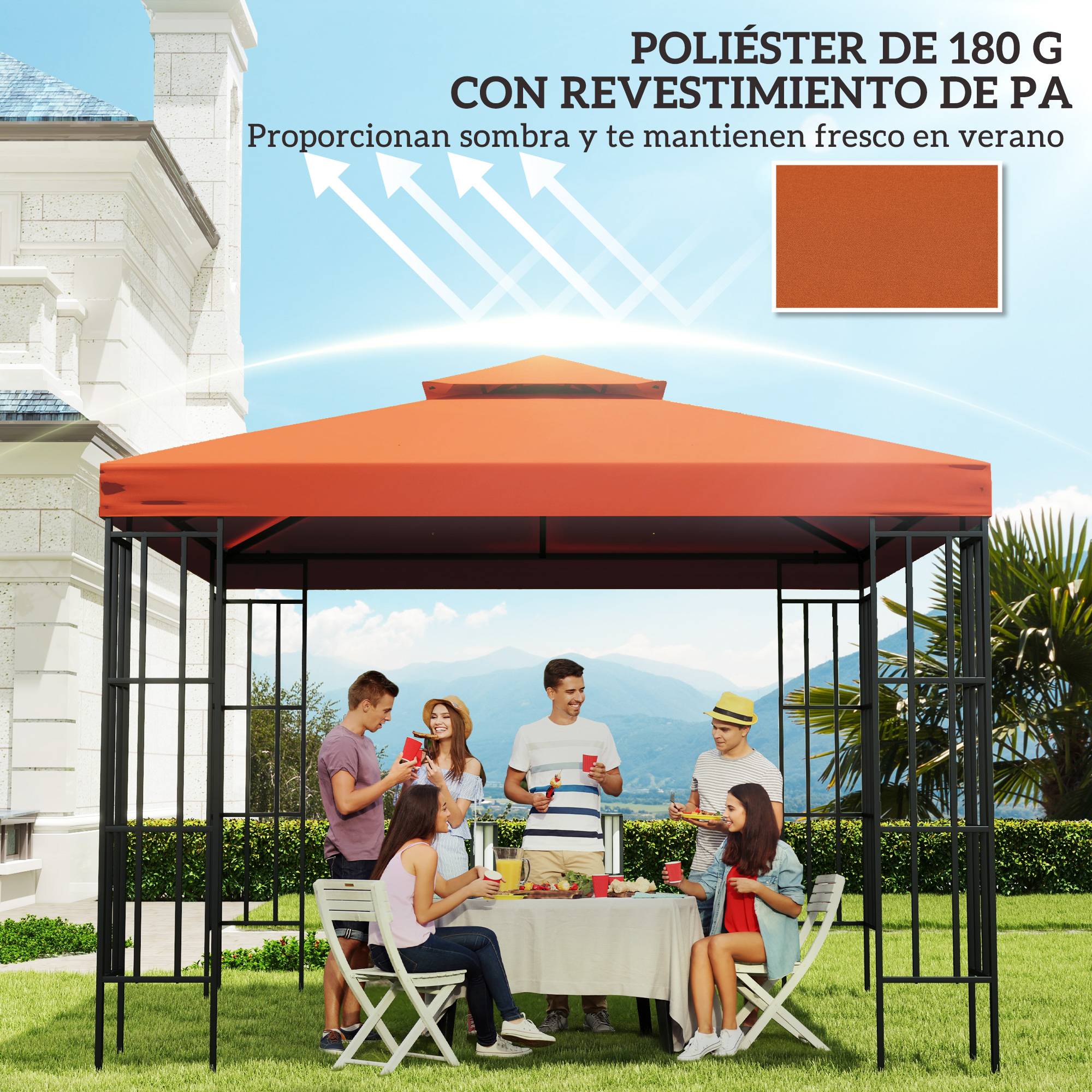 Toile de Rechange Tonnelle 3x3 m Polyester Double Toit Aéré Trous de Drainage Rouge Oxyde - ComfortXL Outdoor Living - Image 7