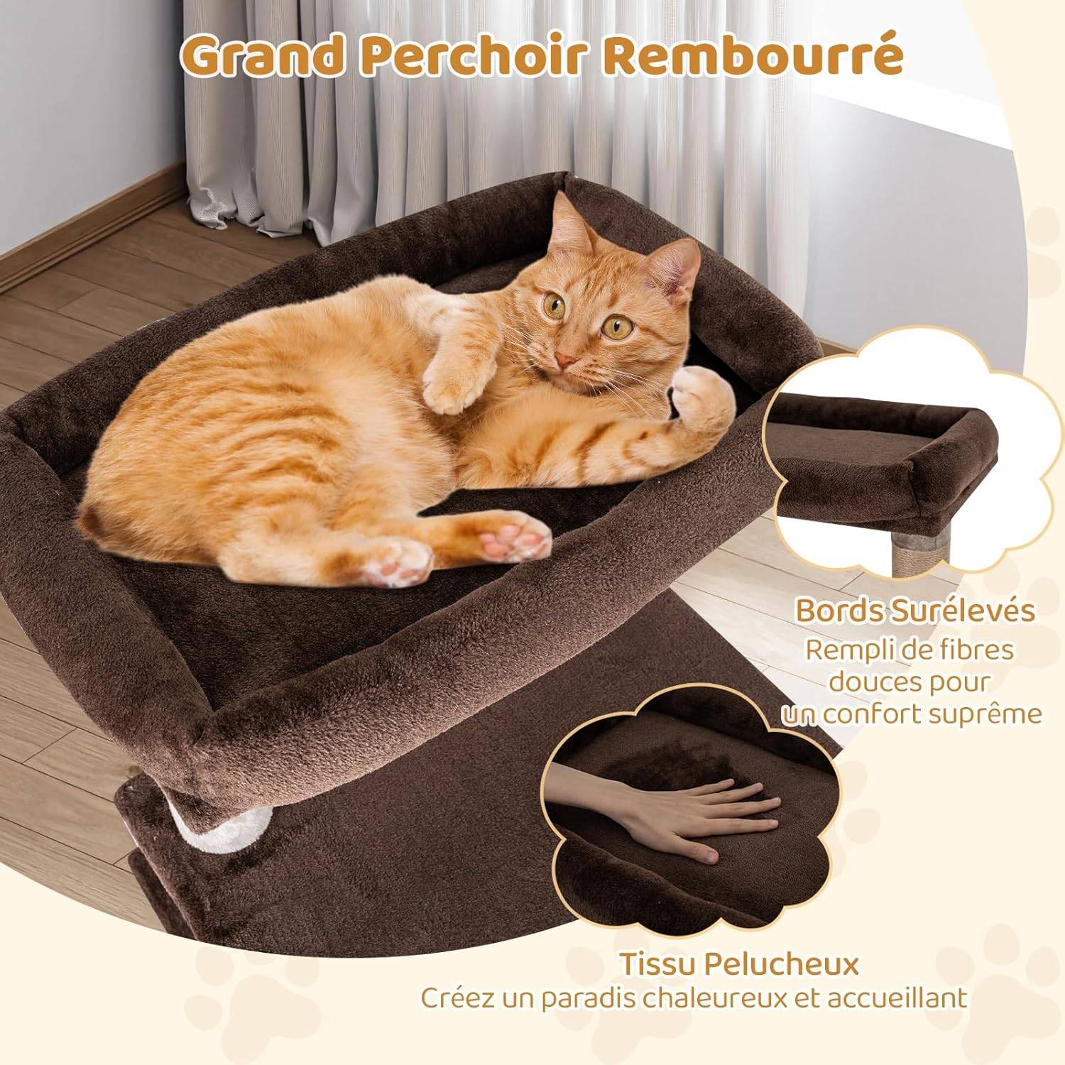 Arbre à Chat XXL 148 cm, Condo Flottant, 6 Plateformes, 6 Poteaux à Griffer en Jute, Arbre a Chat Maine Coon, Pompon Suspendu, Trou d'Exploration, Tis - Image 5