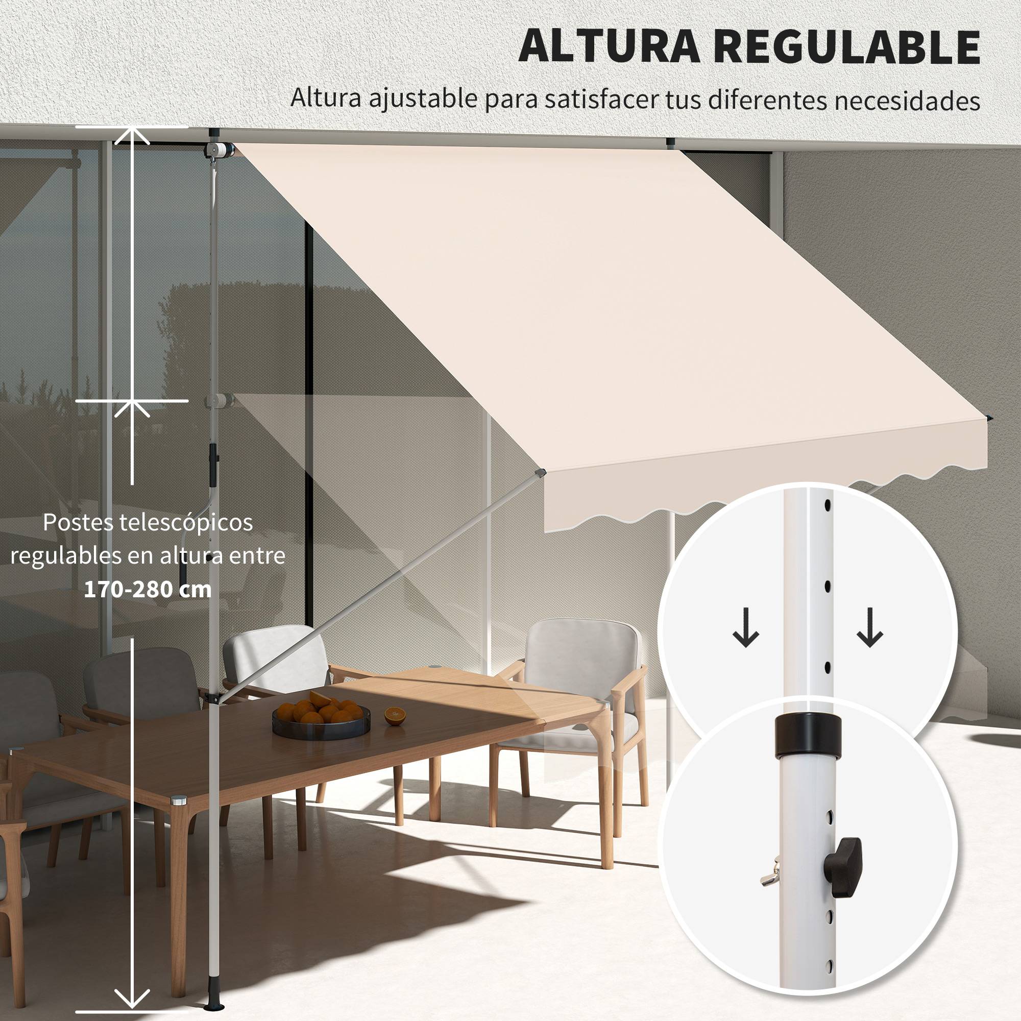 Store banne rétractable manuelle 300 x 150 x 170-280 cm avec hauteur réglable, manivelle et protection solaire pour terrasse, beige - Image 9