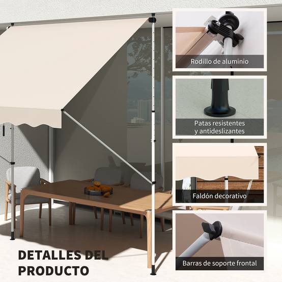 Store banne rétractable manuelle 300 x 150 x 170-280 cm avec hauteur réglable, manivelle et protection solaire pour terrasse, beige - Image 7