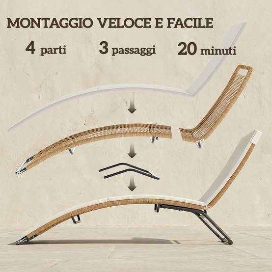 Chaise longue bain de soleil en S extérieur avec coussin, rotin PE et acier, 175x57x80cm, crème - Image 10