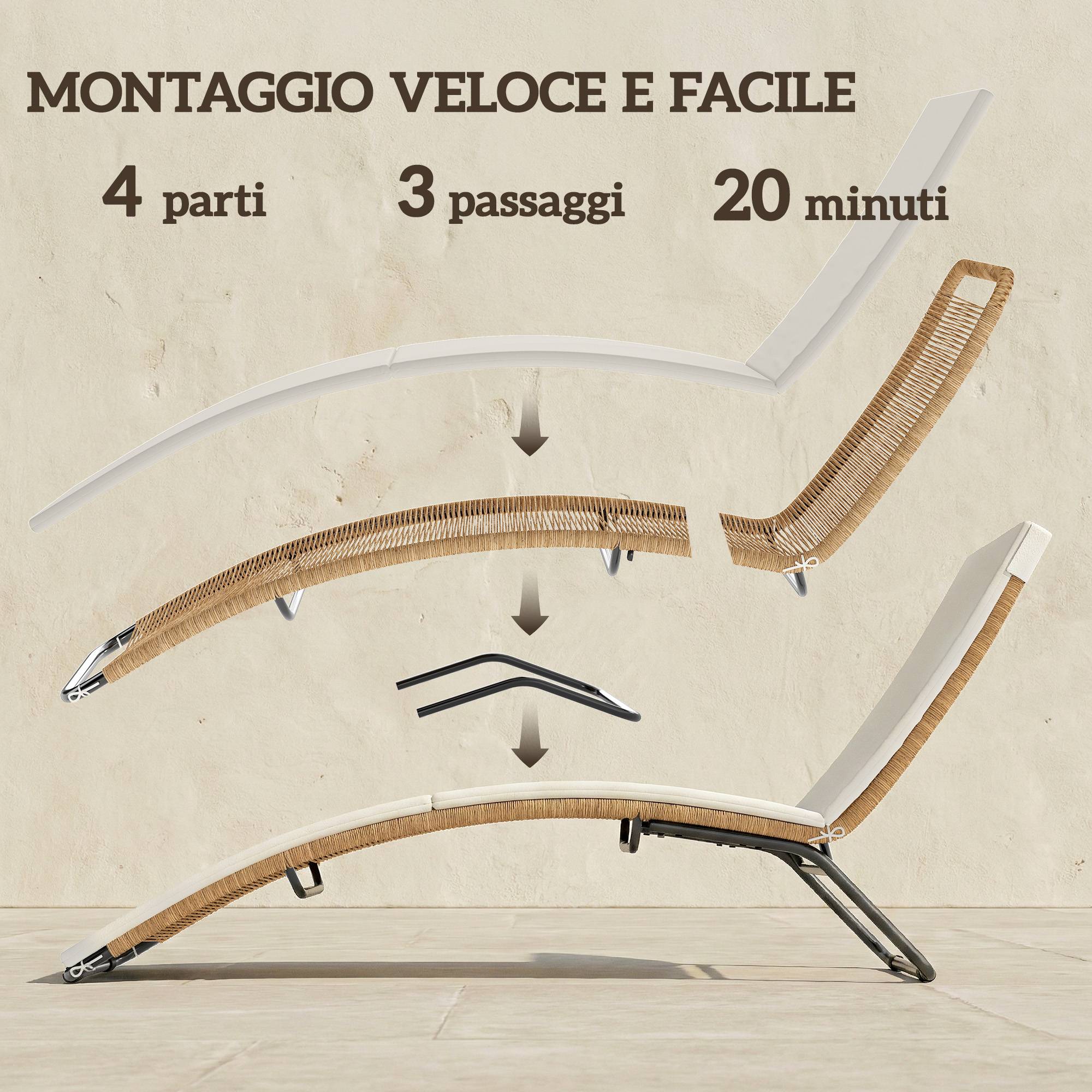 Chaise longue bain de soleil en S extérieur avec coussin, rotin PE et acier, 175x57x80cm, crème - Image 10