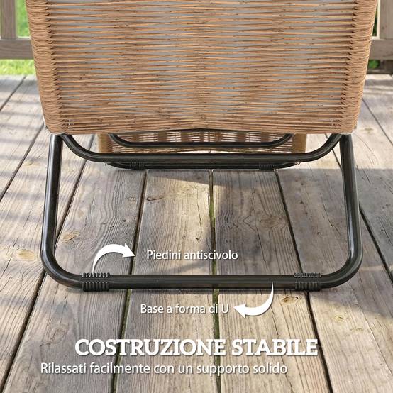 Chaise longue bain de soleil en S extérieur avec coussin, rotin PE et acier, 175x57x80cm, crème - Image 9