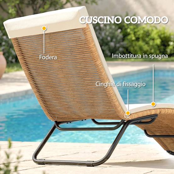 Chaise longue bain de soleil en S extérieur avec coussin, rotin PE et acier, 175x57x80cm, crème - Image 8