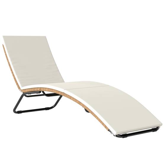 Chaise longue bain de soleil en S extérieur avec coussin, rotin PE et acier, 175x57x80cm, crème - Image 1