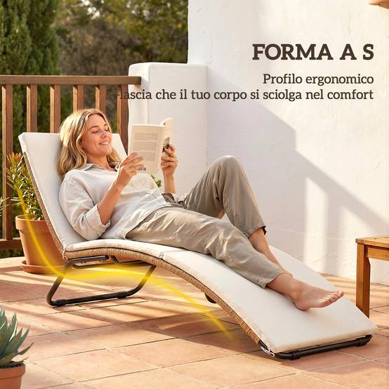 Chaise longue bain de soleil en S extérieur avec coussin, rotin PE et acier, 175x57x80cm, crème - Image 6