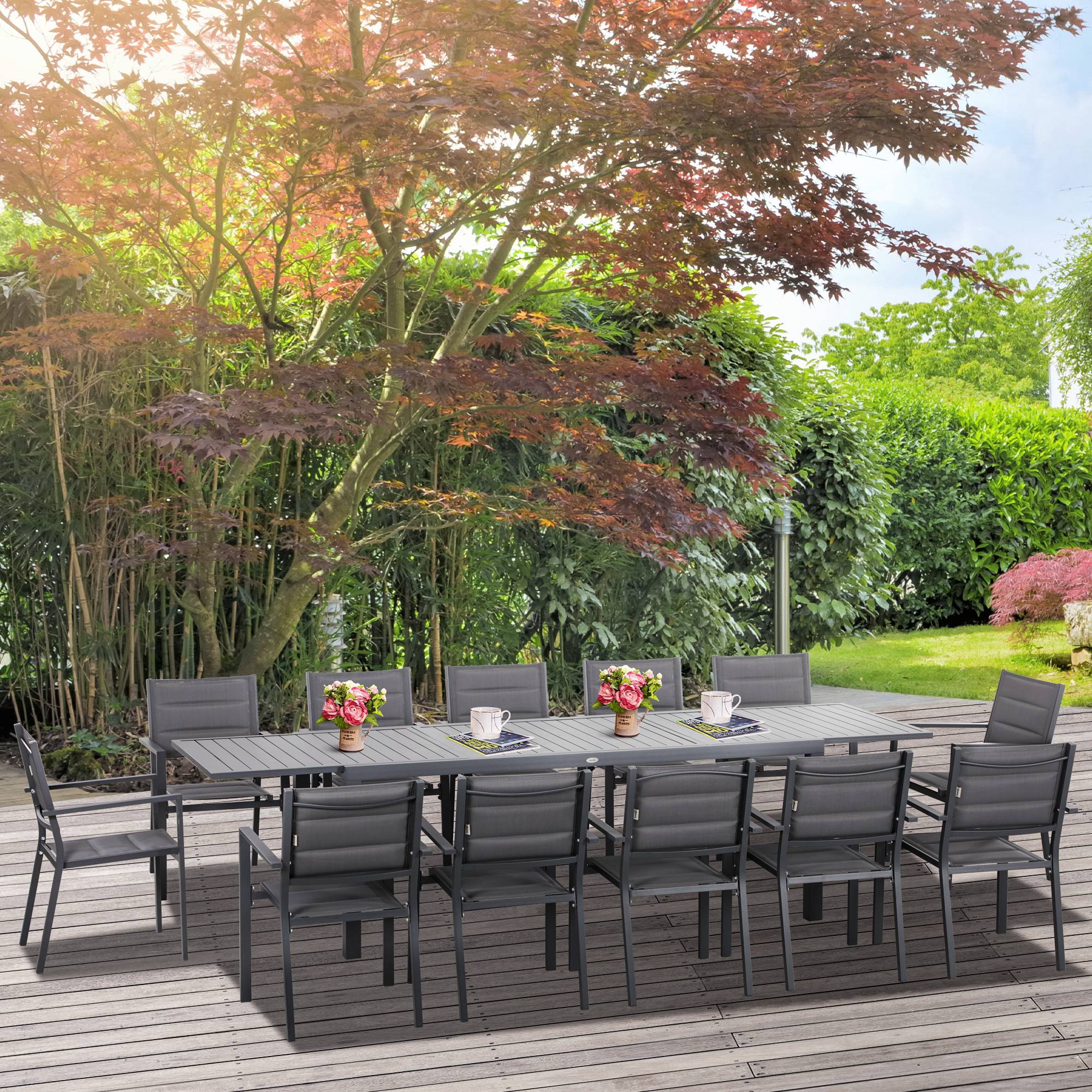 Salon de jardin en aluminium et textilène table extensible 6 chaises empilables 6 personnes gris - Image 3