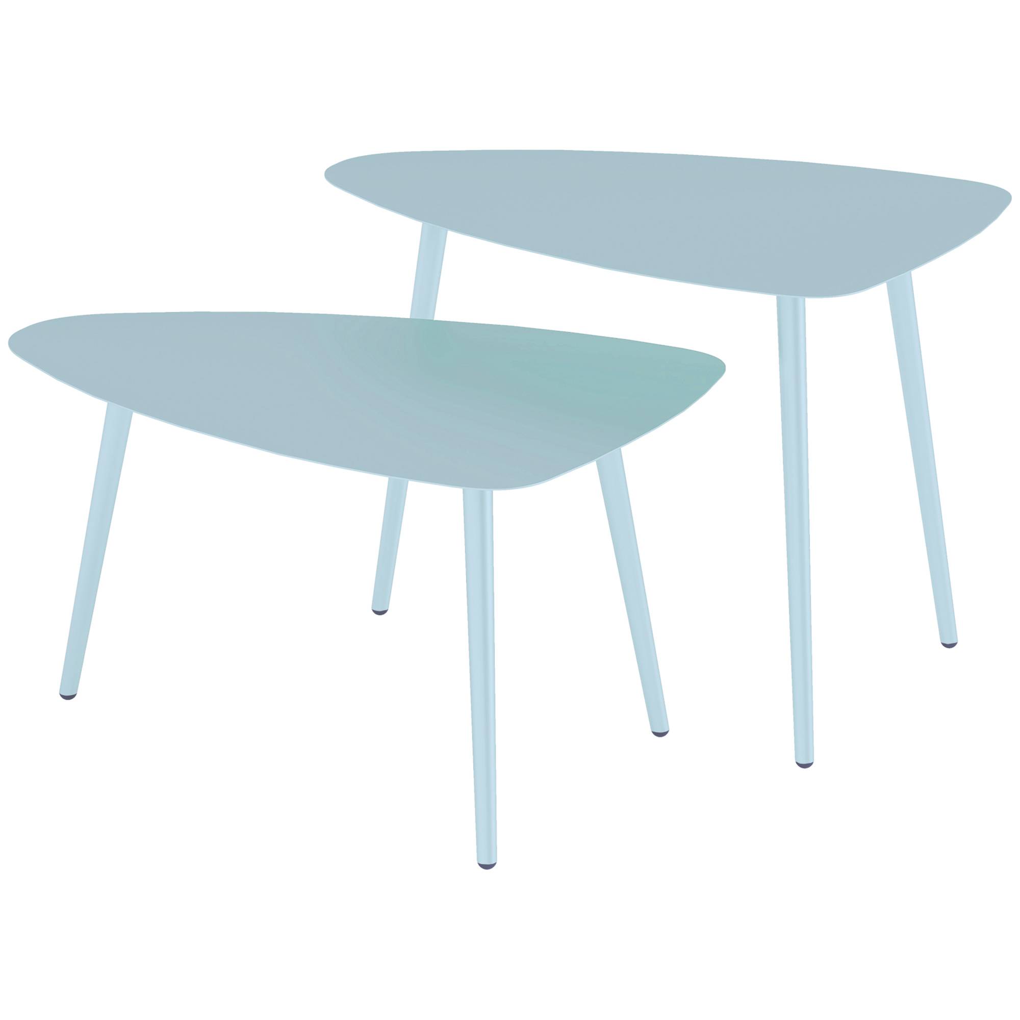 Lot de 2 tables basses de jardin, tables d'appoint gigognes triangulaires, cadre en acier patins ajustables bleu clair - Image 2