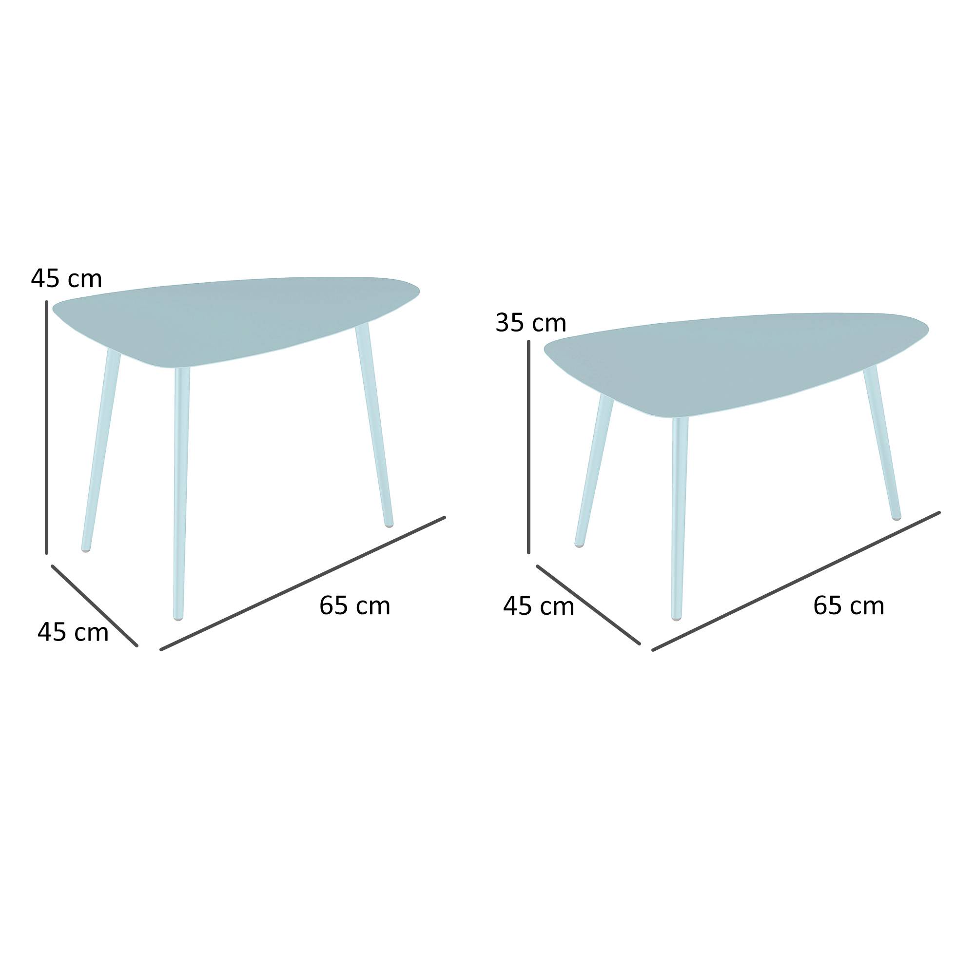 Lot de 2 tables basses de jardin, tables d'appoint gigognes triangulaires, cadre en acier patins ajustables bleu clair - Image 5