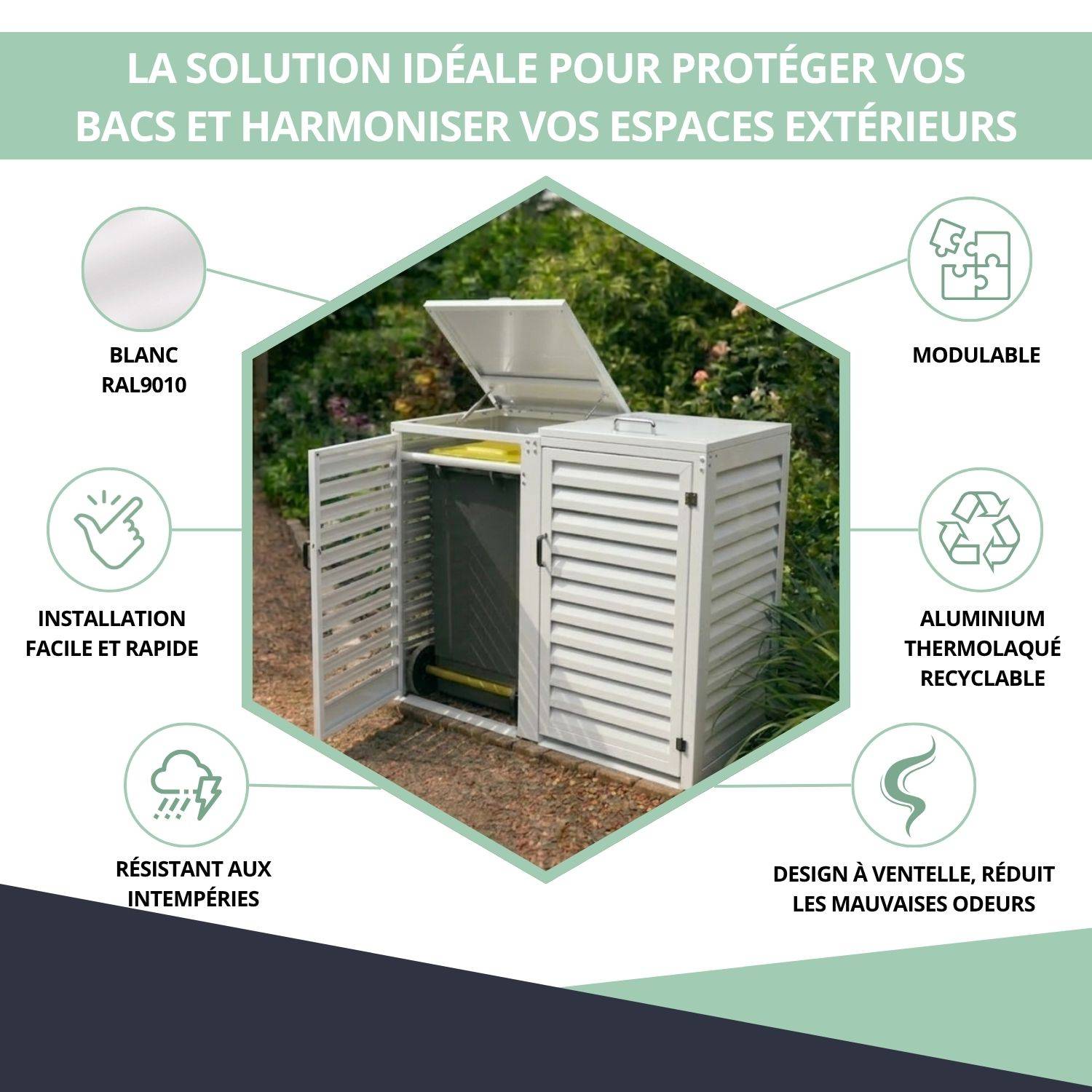 Cache Poubelle Extérieur Double en Aluminium thermolaqué - Abri pour 2 conteneurs 360 Litres – Blanc RAL 9010 - Image 2