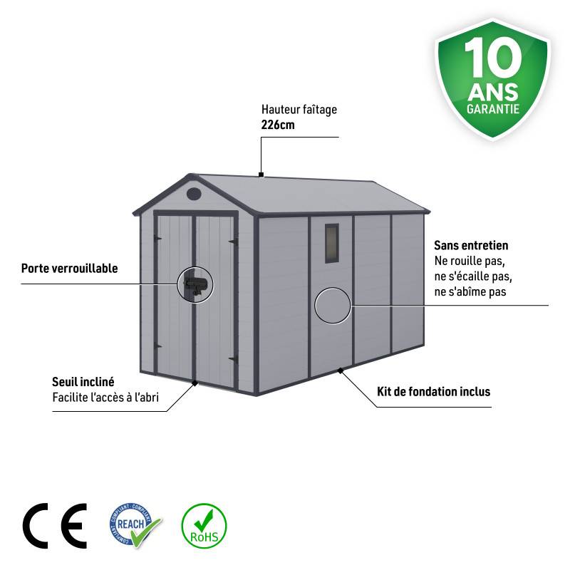 Abri de jardin résine 6,99m² gris anthracite clair avec kit d'ancrage et double porte - Jôbu - Image 4