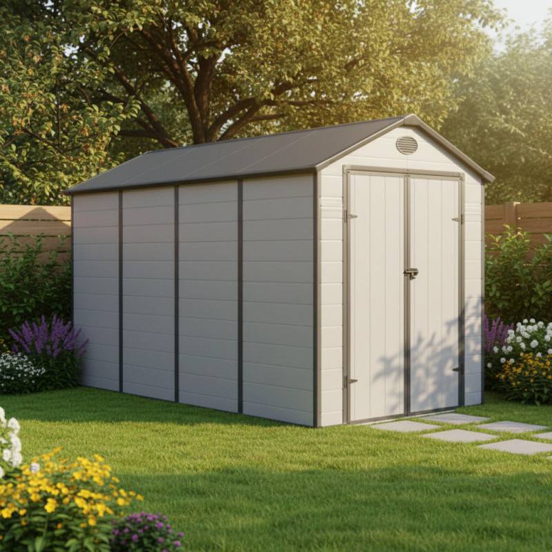 Abri de jardin résine 6,99m² gris anthracite clair avec kit d'ancrage et double porte - Jôbu - Image 1