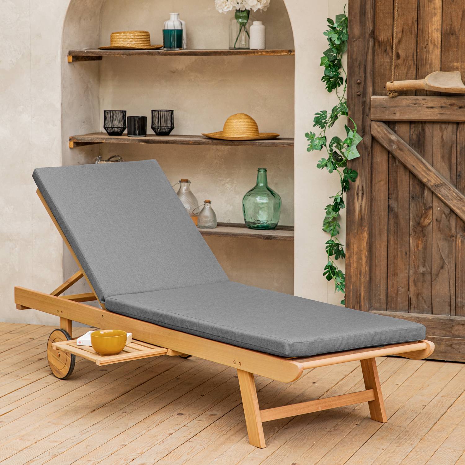 Happy Garden - Bain de soleil pliant en acacia KANAWA - coussin gris - HAPPY GARDEN - Image 2