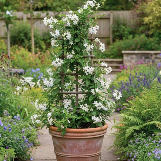 Solanum blanc, Morelle faux jasmin à fleurs Blanche - feuillage Caduc - Pot de 3L - Echelle bambou 60/120 cm- hauteur à maturité De 2,50 m à 3,00 m - Image 5