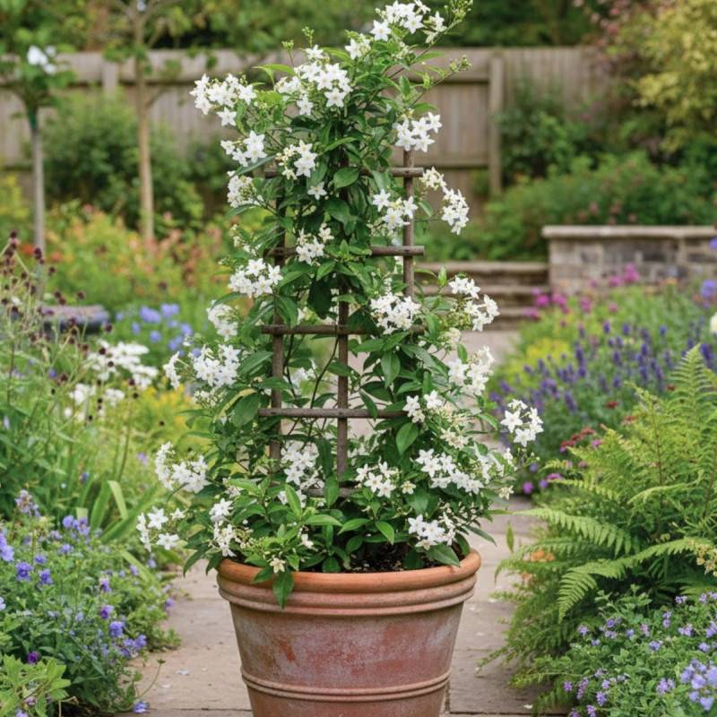 Solanum blanc, Morelle faux jasmin à fleurs Blanche - feuillage Caduc - Pot de 3L - Echelle bambou 60/120 cm-  hauteur à maturité De 2,50 m à 3,00 m - Image 5