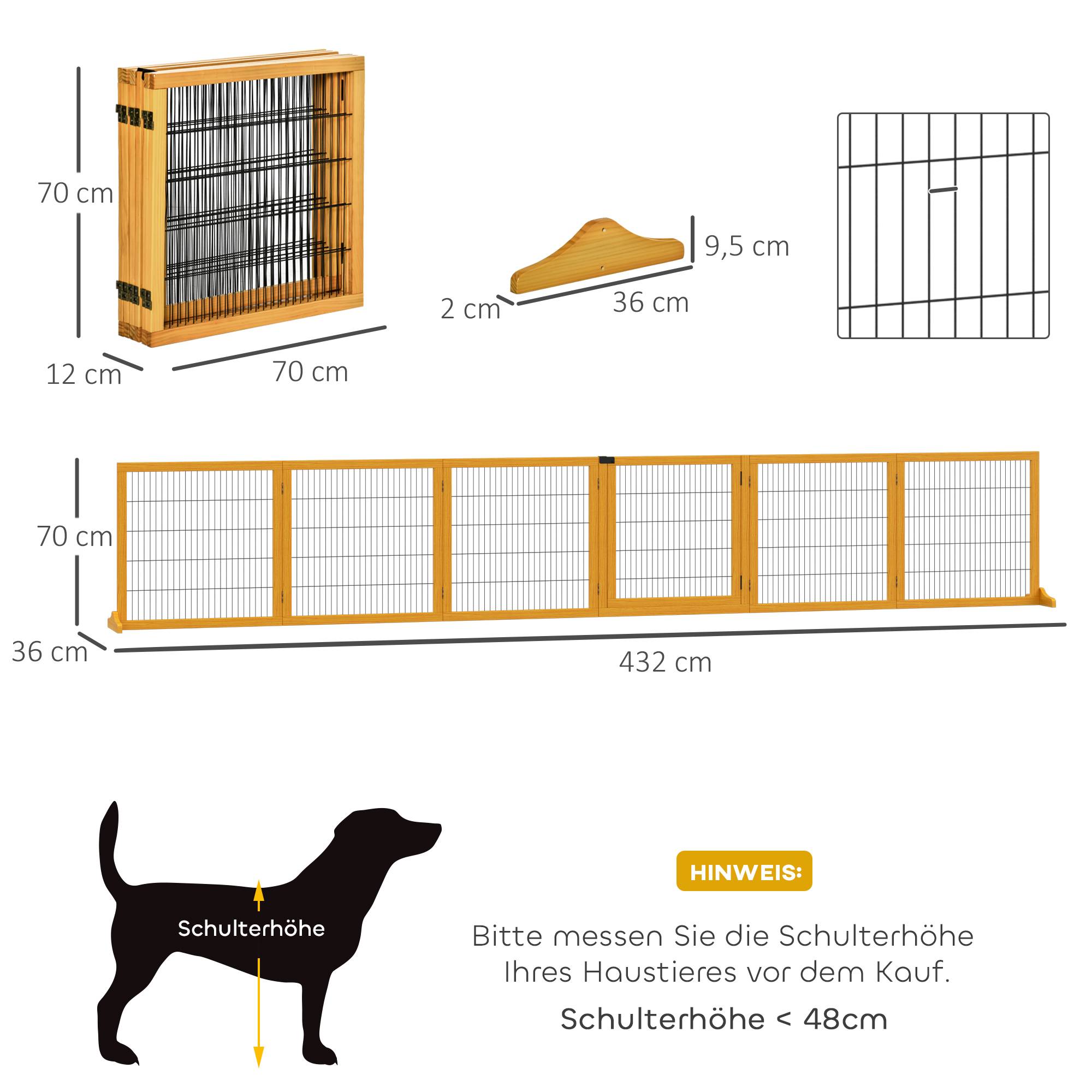 Barrière pour chien, pliable, 432 x 36 x 70 cm, pin, jaune - Image 5