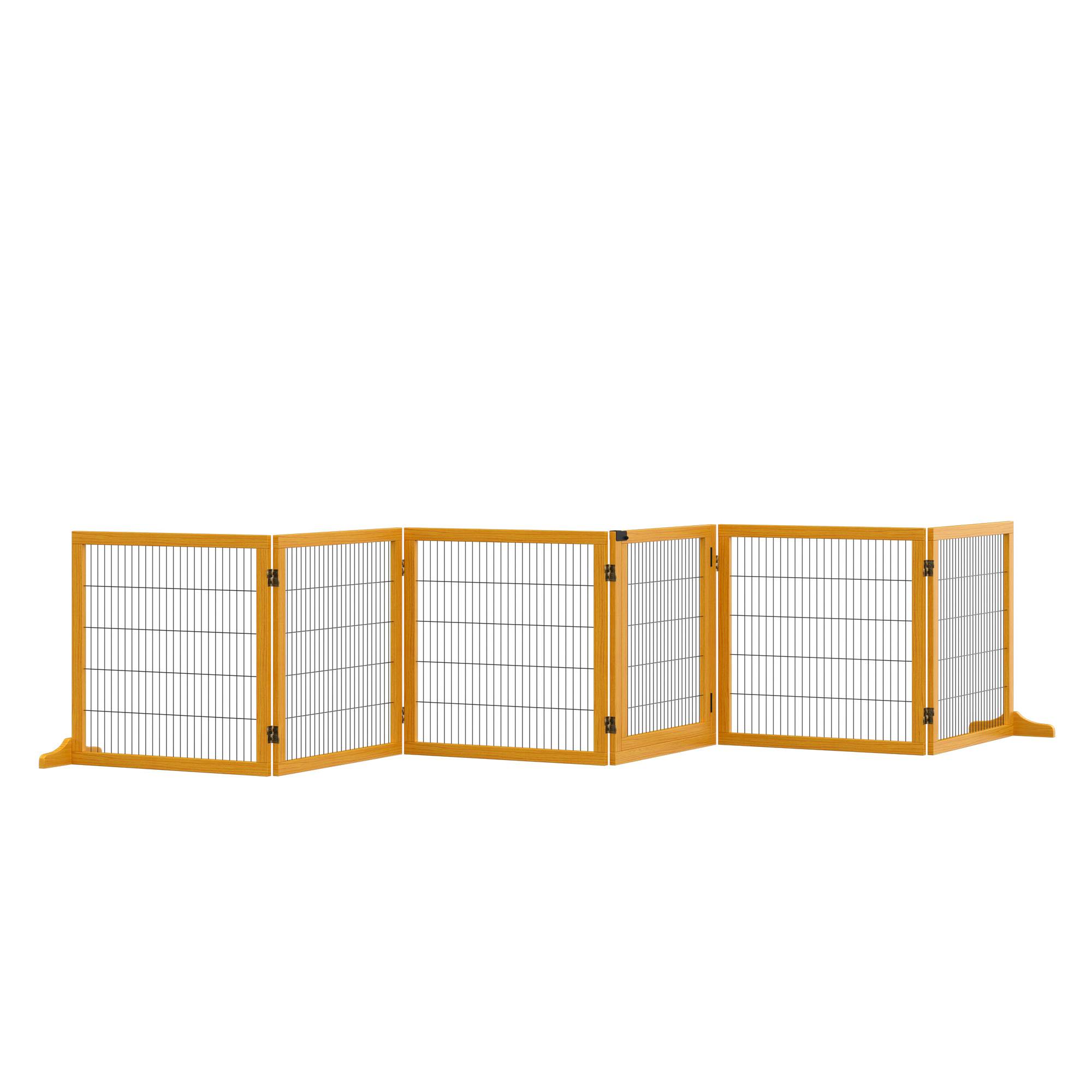Barrière pour chien, pliable, 432 x 36 x 70 cm, pin, jaune - Image 1