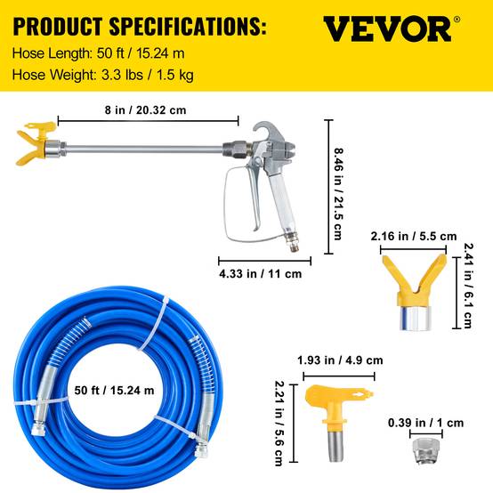 VEVOR Ensemble tuyaux peinture sans air, 50 pieds, 3600 psi. Rallonge 8 pouces, buse 517, rotatif 1/4". - Image 7