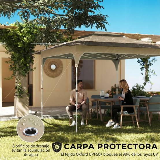 Tente pliante pop-up 3,5 x 3,5 m avec 3 niveaux de hauteur réglables, double toit, fermeture centrale et sac de transport, protection UPF50+ kaki - Image 6