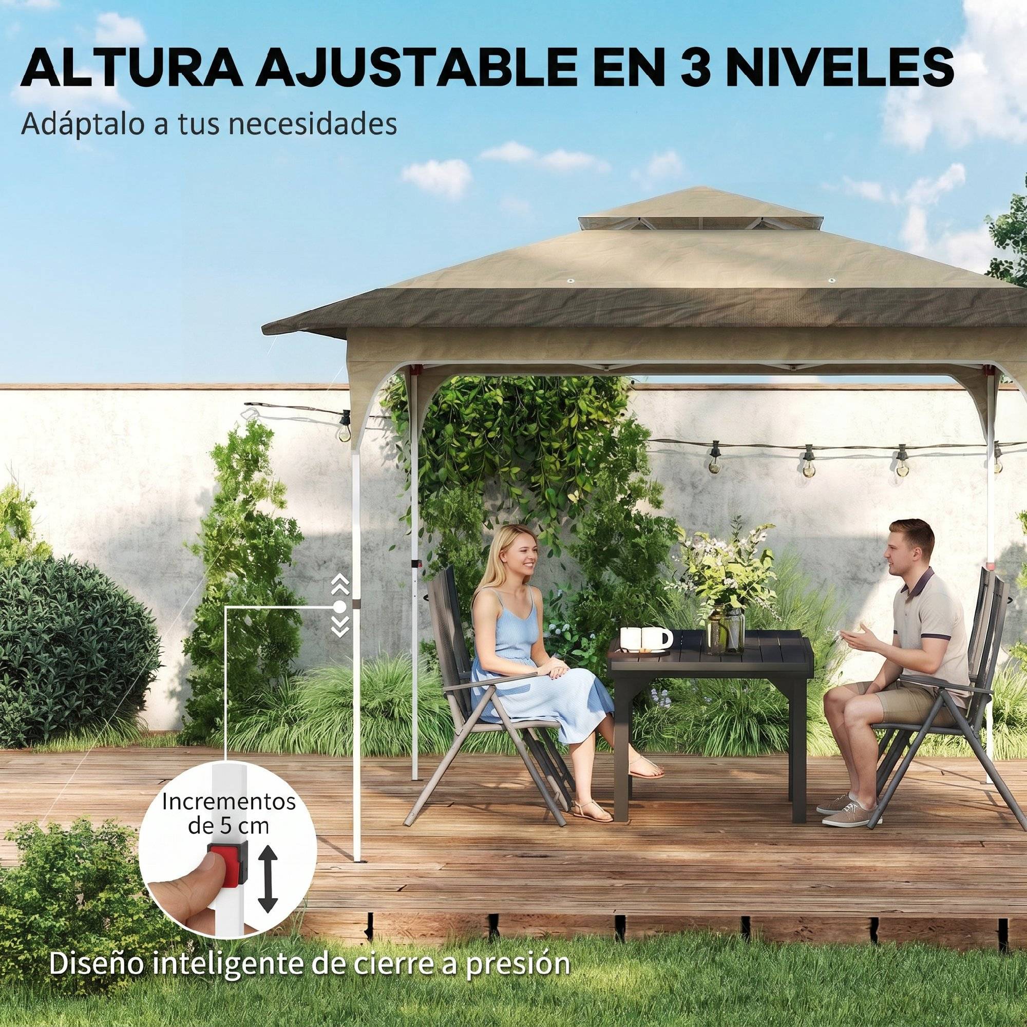 Tente pliante pop-up 3,5 x 3,5 m avec 3 niveaux de hauteur réglables, double toit, fermeture centrale et sac de transport, protection UPF50+ kaki - Image 9