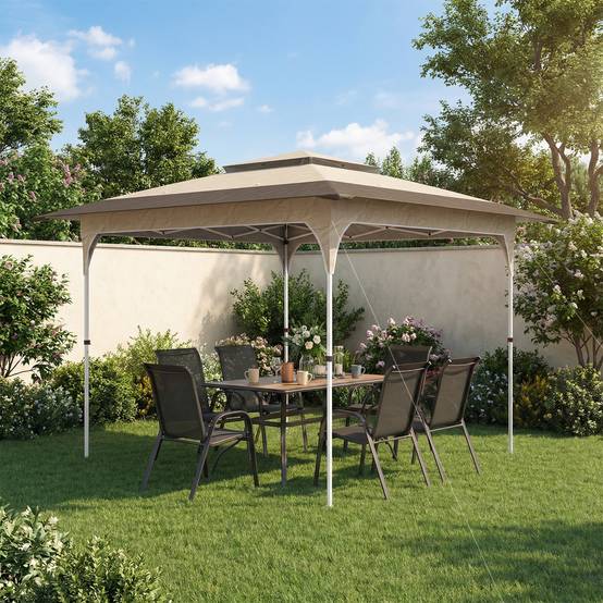 Tente pliante pop-up 3,5 x 3,5 m avec 3 niveaux de hauteur réglables, double toit, fermeture centrale et sac de transport, protection UPF50+ kaki - Image 4