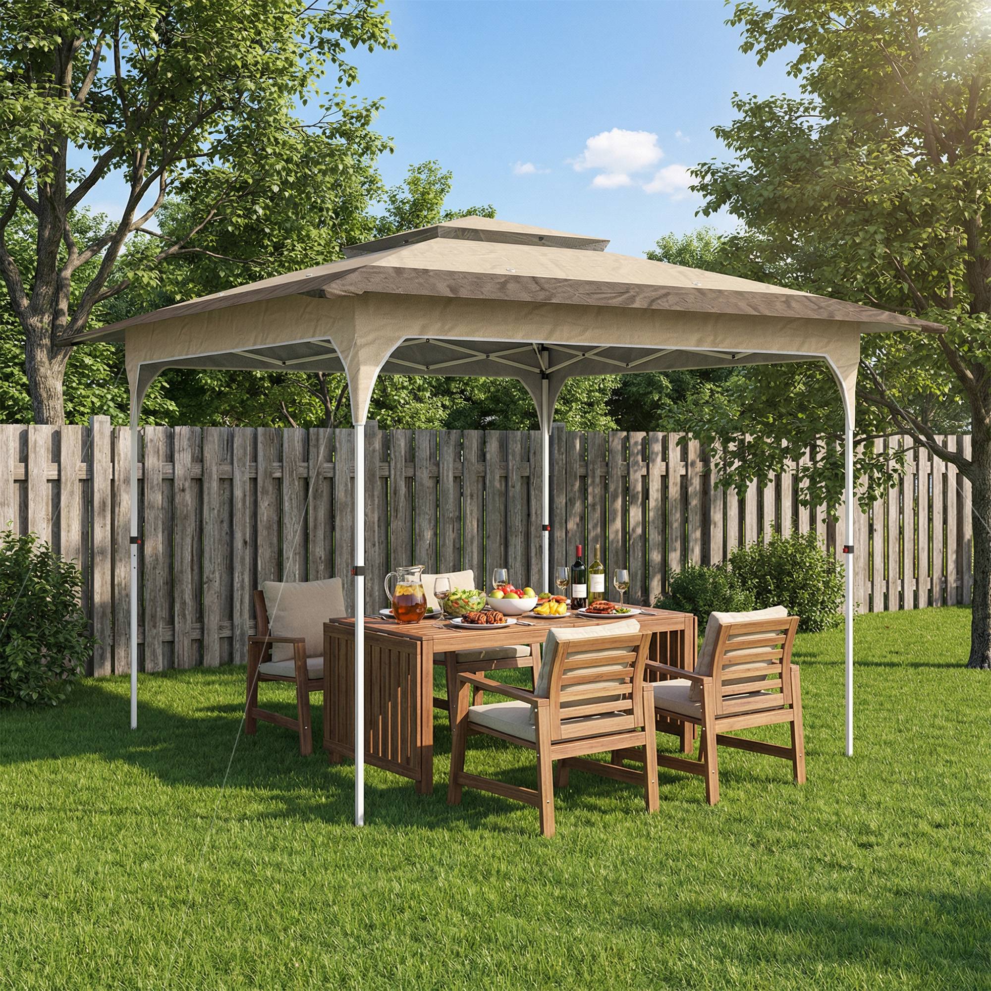 Tente pliante pop-up 3,5 x 3,5 m avec 3 niveaux de hauteur réglables, double toit, fermeture centrale et sac de transport, protection UPF50+ kaki - Image 3