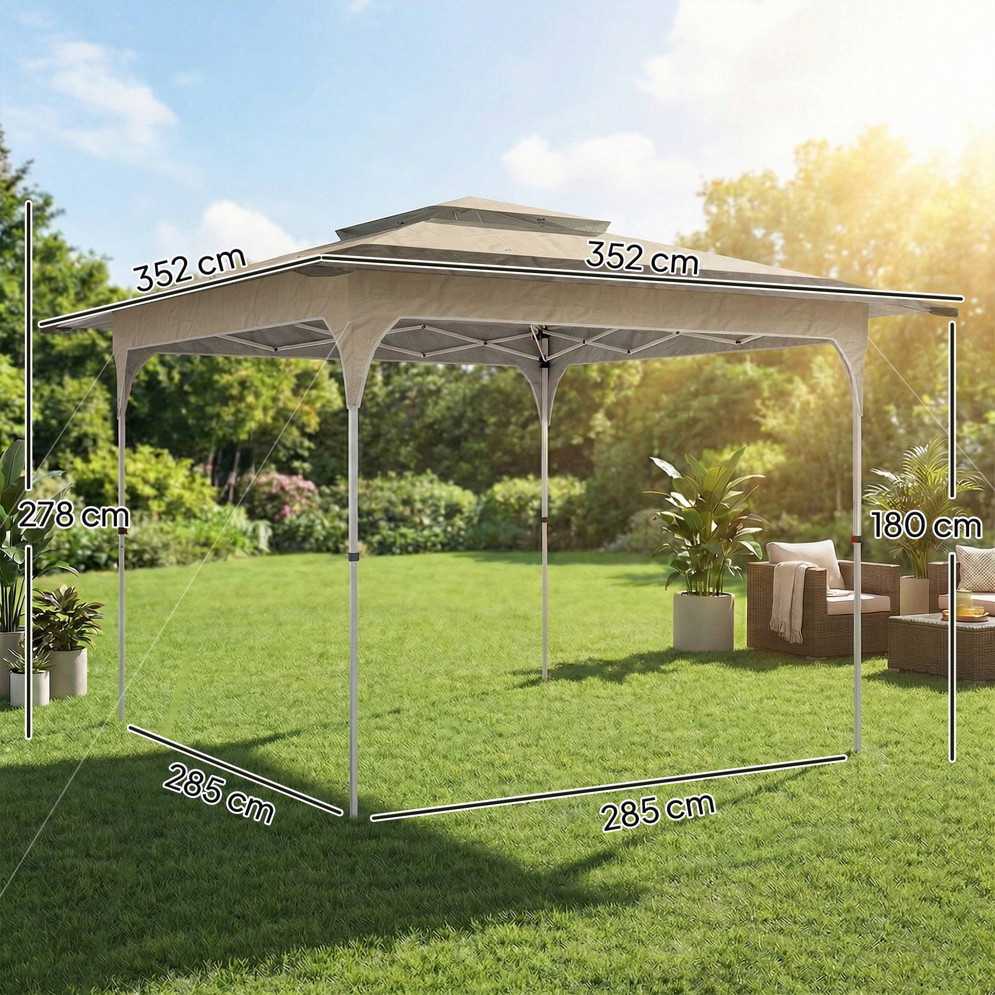 Tente pliante pop-up 3,5 x 3,5 m avec 3 niveaux de hauteur réglables, double toit, fermeture centrale et sac de transport, protection UPF50+ kaki - Image 5