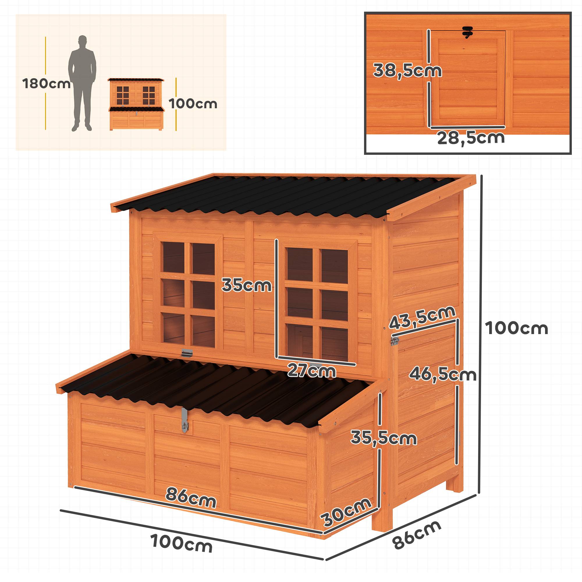 Sans Marque - Poulailler avec nichoir 3-4 poules, toit étanche, bois de sapin, plastique, 100x86x100 cm, Orange - Image 5