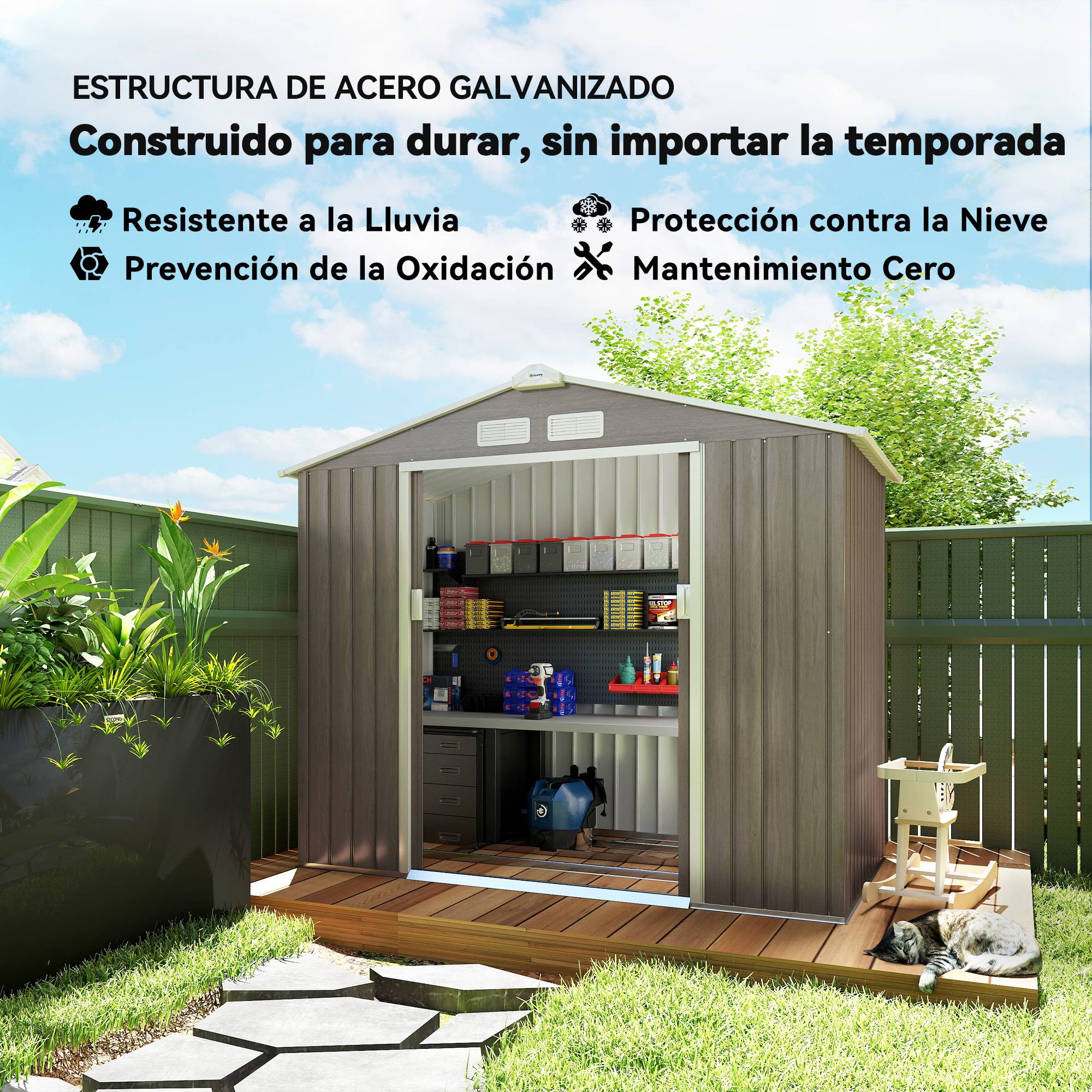 Abri de jardin acier galvanisé extérieur rangement outils 213x130x185cm bois - ComfortXL Outdoor Living - Image 6