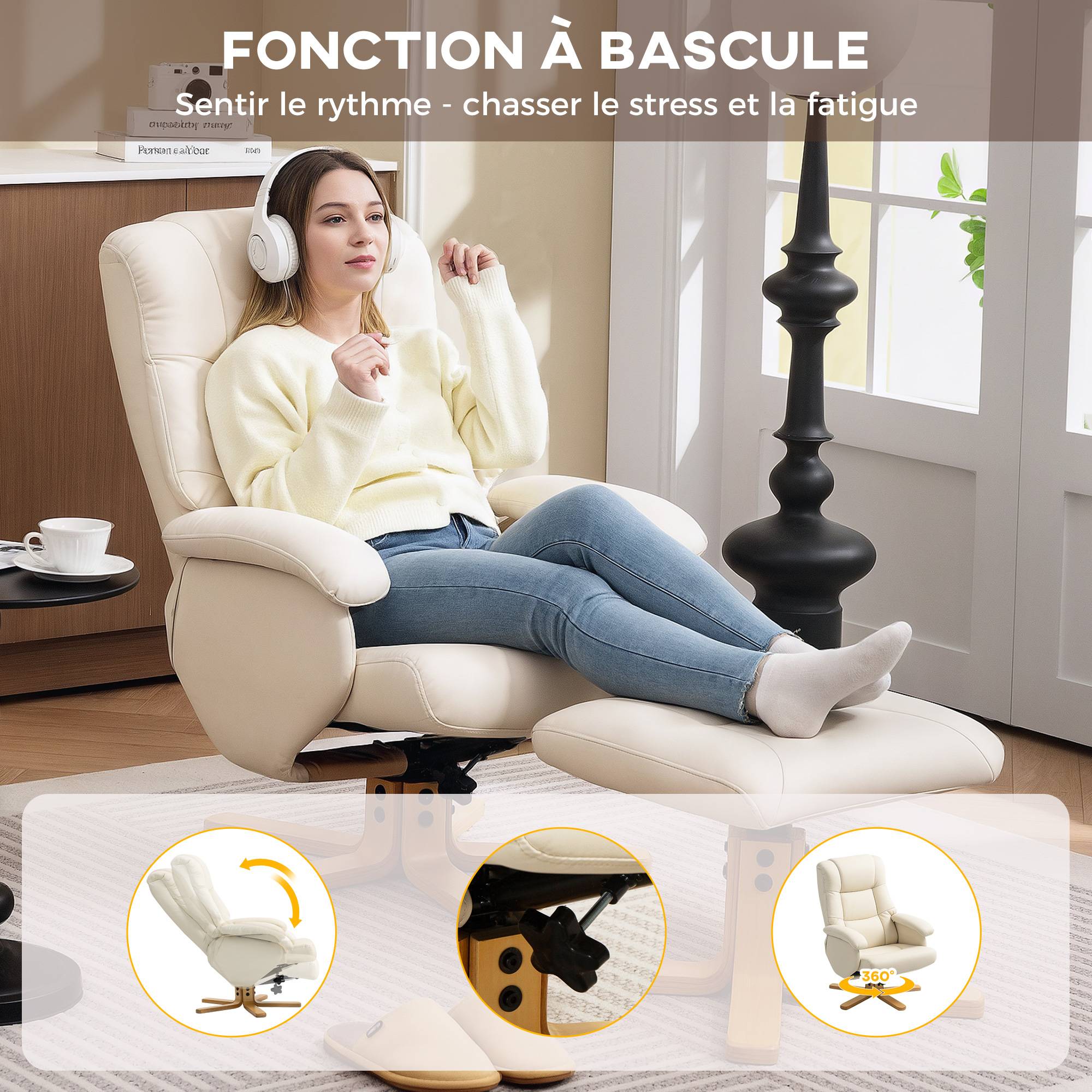 Fauteuil relax avec repose-pied fauteuil de relaxation pivotant 360° dossier inclinable charge 120 Kg crème - Image 7