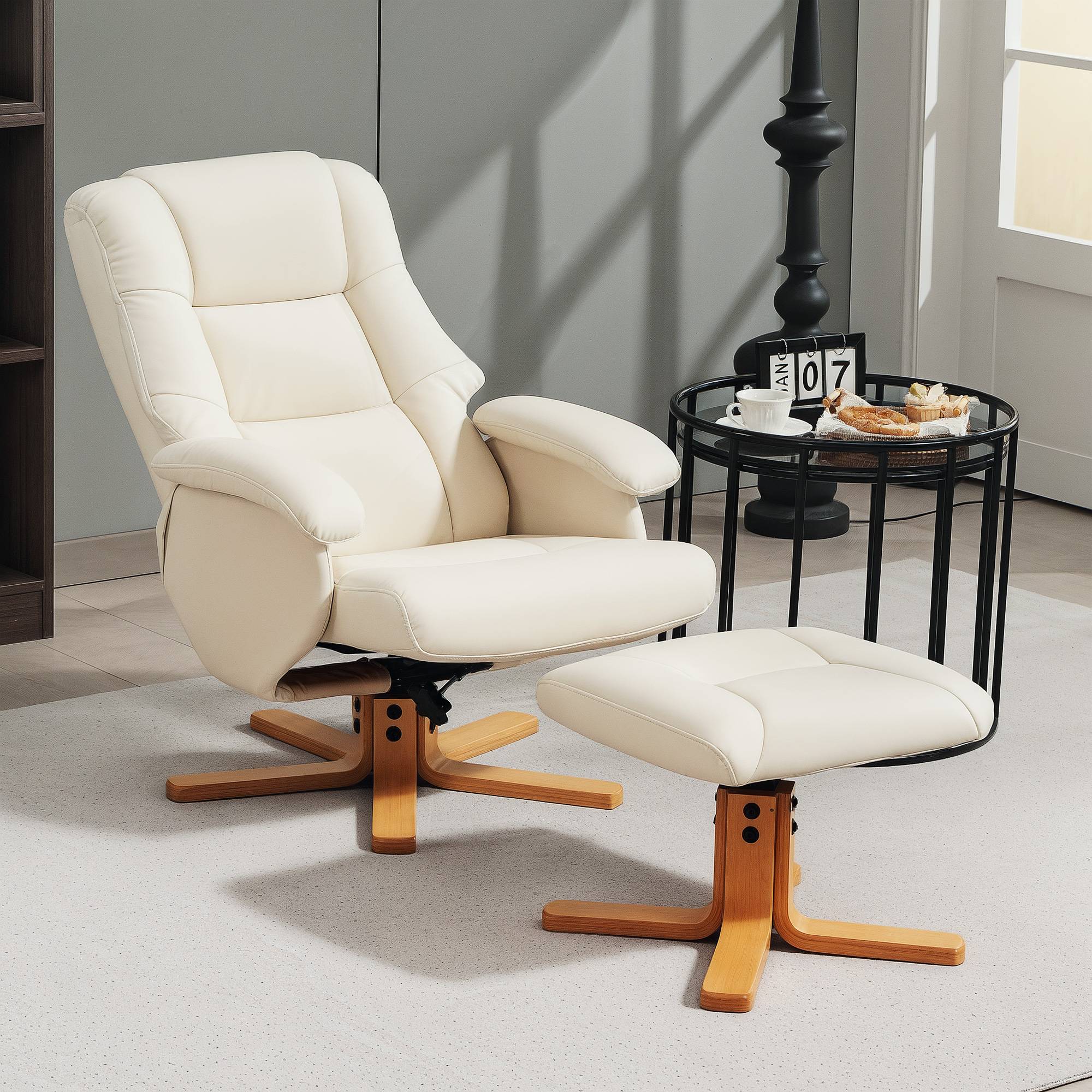 Fauteuil relax avec repose-pied fauteuil de relaxation pivotant 360° dossier inclinable charge 120 Kg crème - Image 4