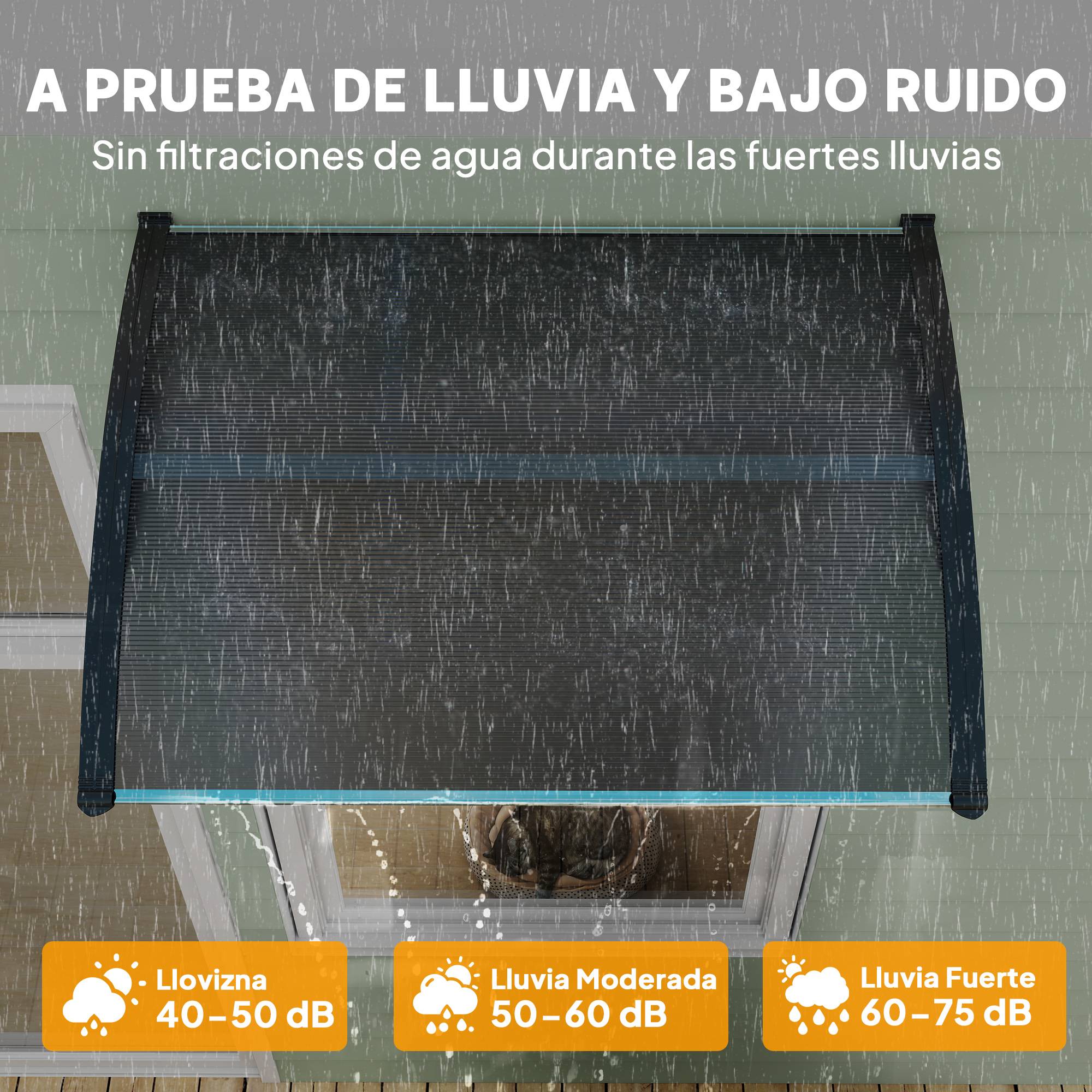 Store extérieur de protection solaire et pluviale 100 x 75 x 23 cm avec revêtement en polycarbonate pour portes et fenêtres, noir - Image 7