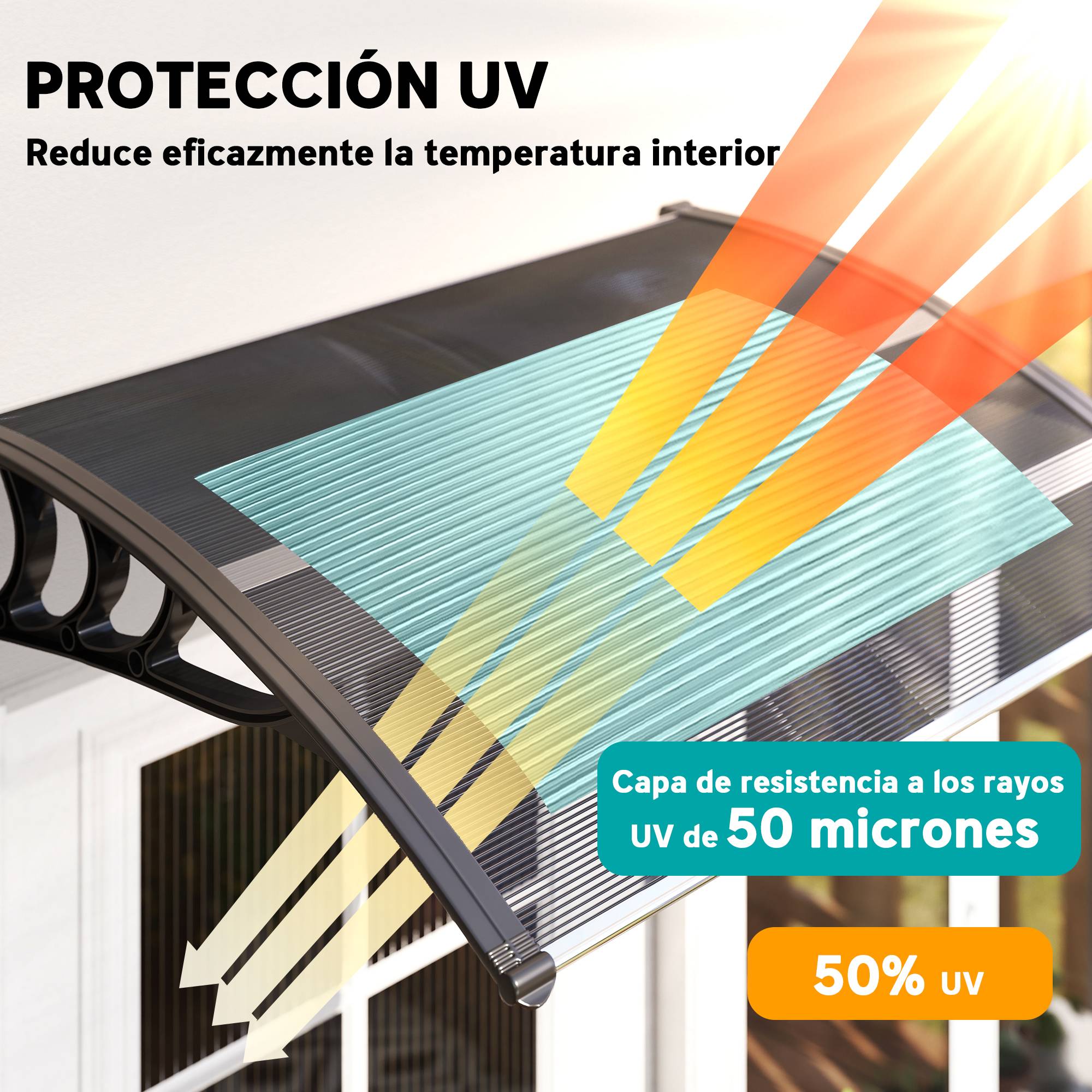 Store extérieur de protection solaire et pluviale 100 x 75 x 23 cm avec revêtement en polycarbonate pour portes et fenêtres, noir - Image 6