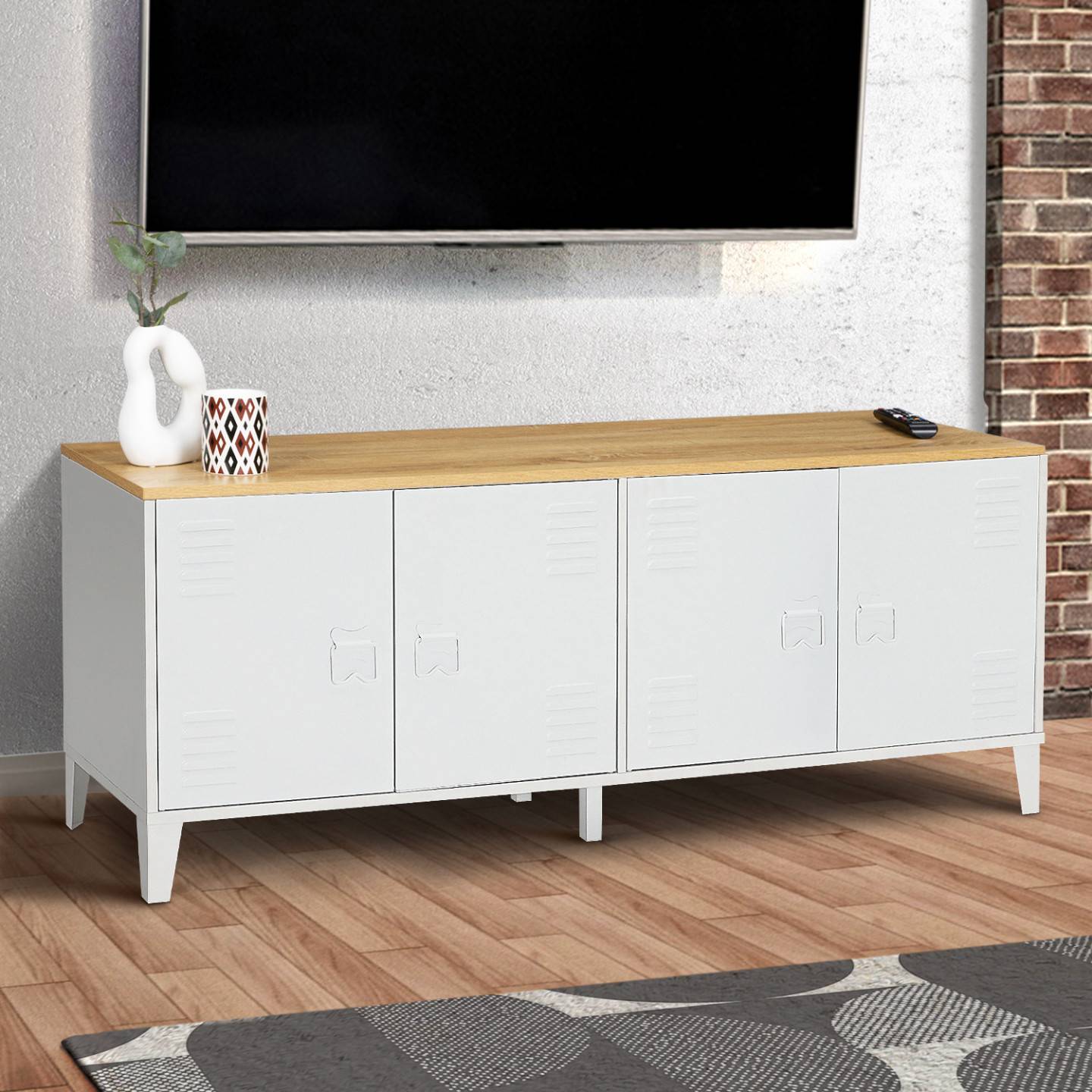 Buffet bas 140 cm ESTER 4 portes métal blanc plateau bois design industriel - Image 1