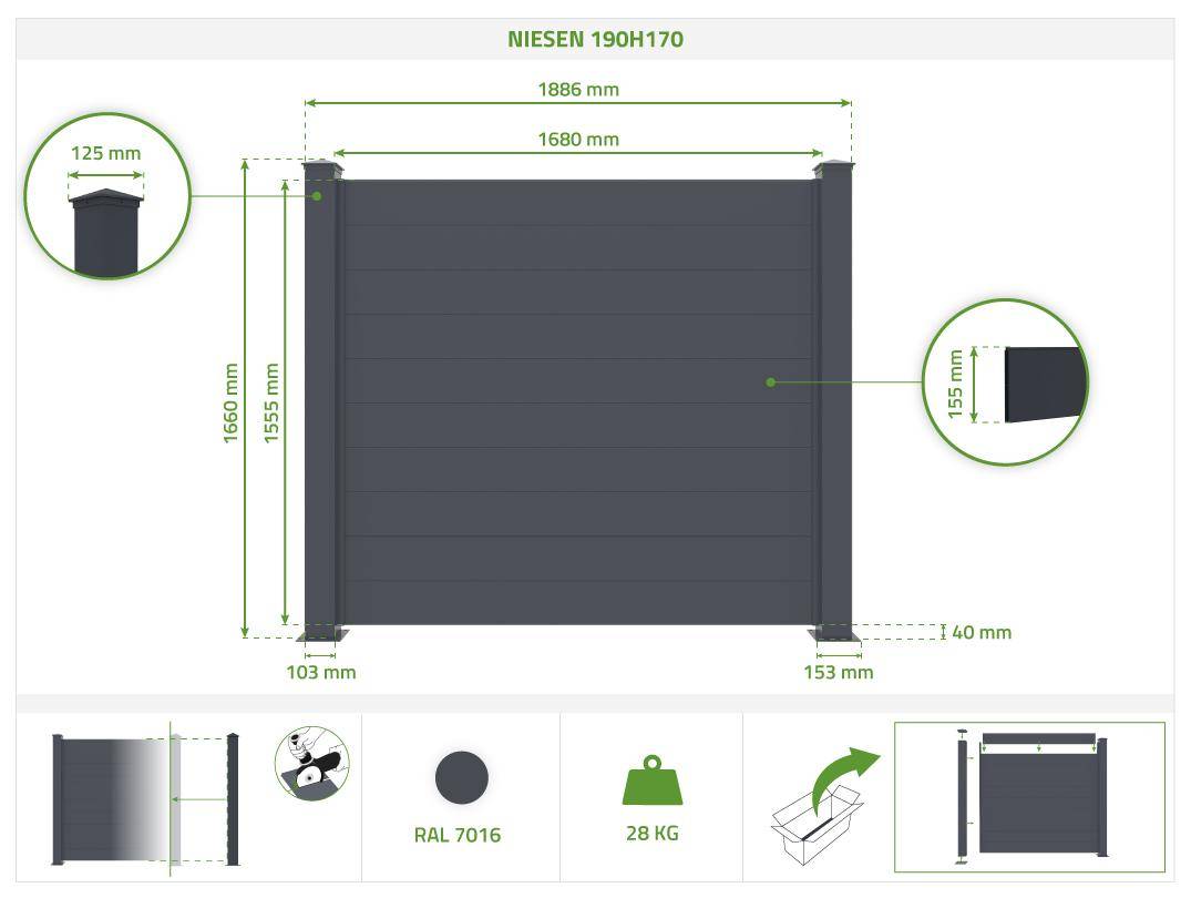 Casanoov Lot de 5 kits de clôture aluminium NIESEN H.170  cm - kits complet 9.5 m - Image 2
