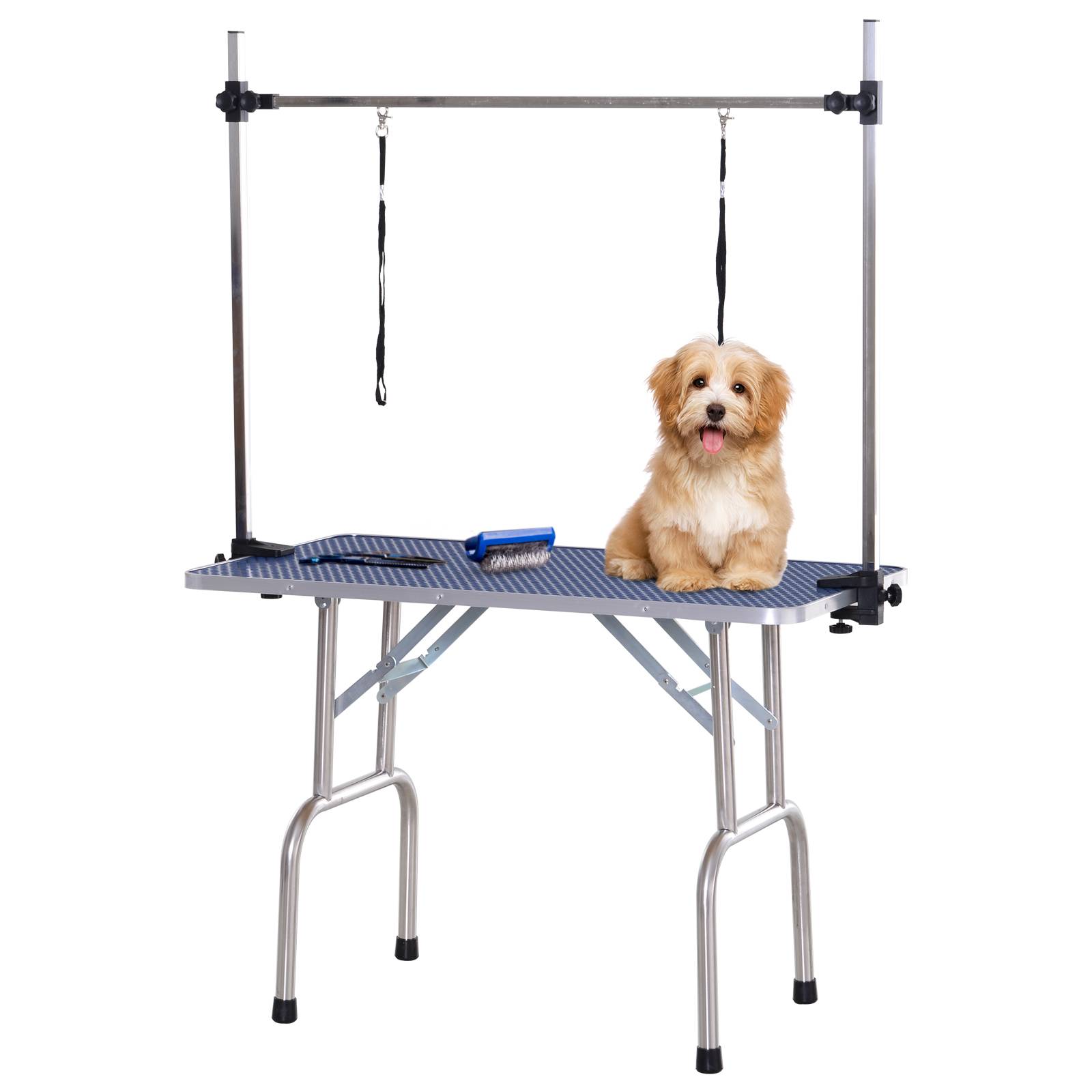 Sans Marque - Table de toilettage pour animaux, table de toilettage pliante avec étagère de rangement, structure en acier, hauteur réglable, 107 x 60 x 170 cm - Image 4