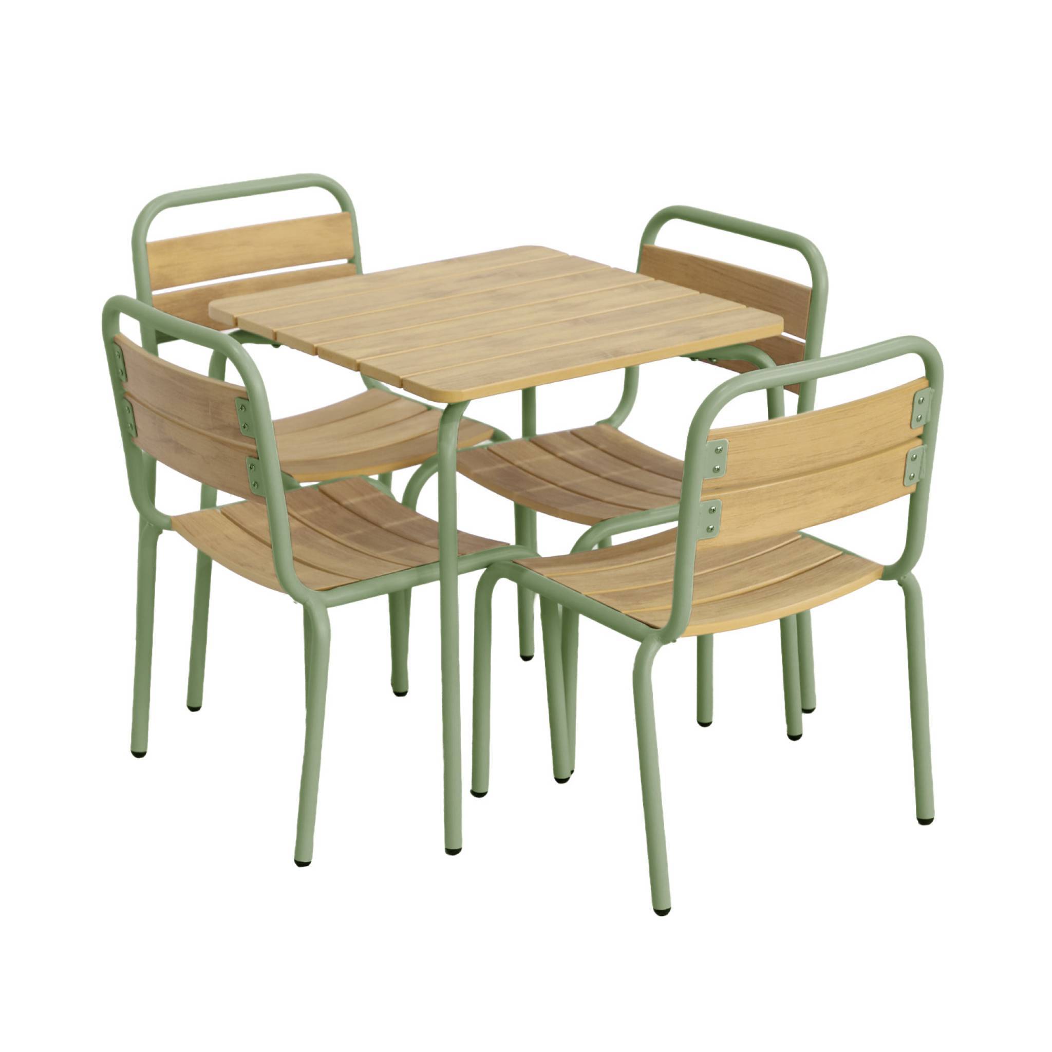 Table de jardin enfant acier et décor bois + 4 assises vert de gris - Suzie | sweeek - Image 1