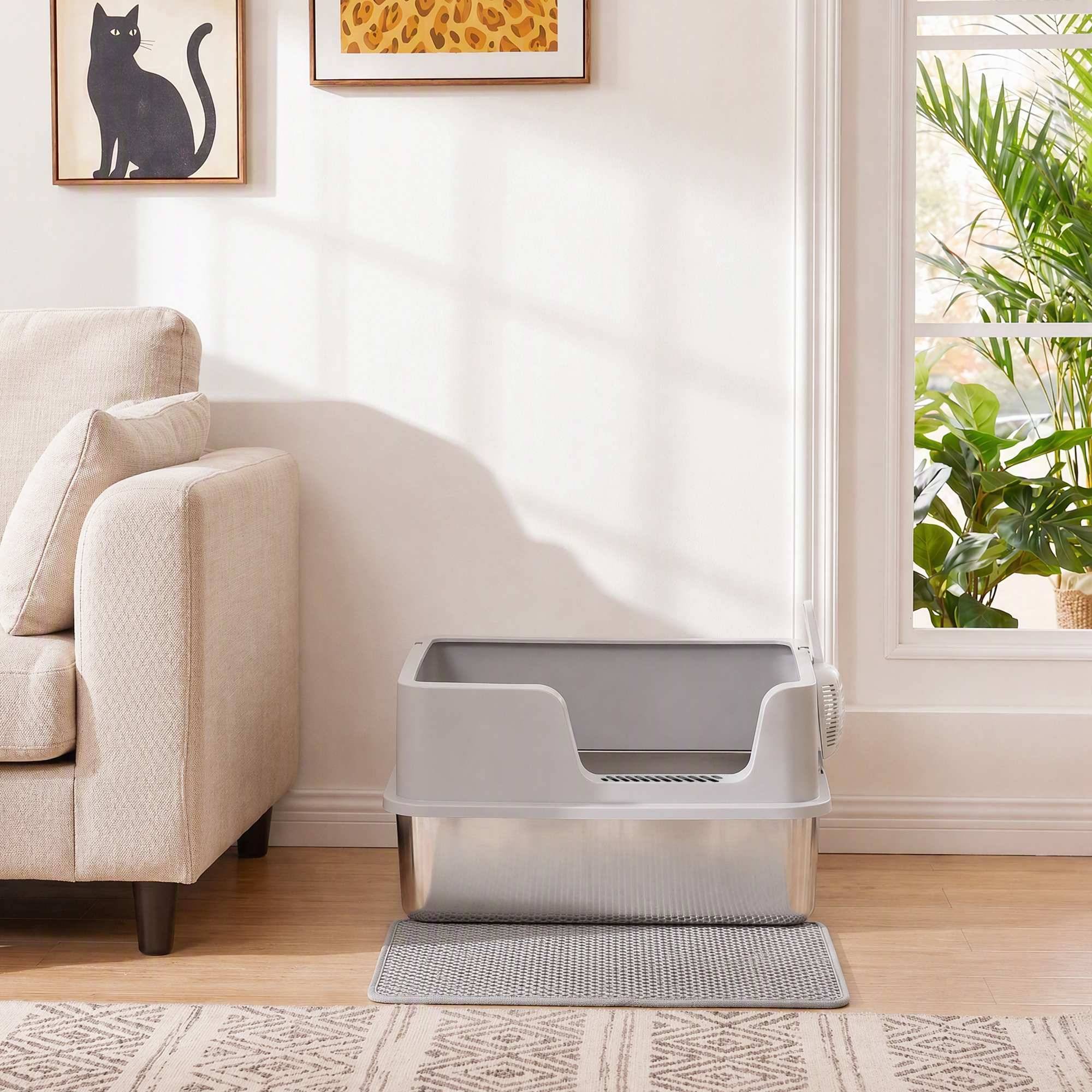 ComfortXL - Bac à litière XL en acier inoxydable 60 x 40 x 30 cm gris clair pour chat avec rebords anti-projections - Image 9
