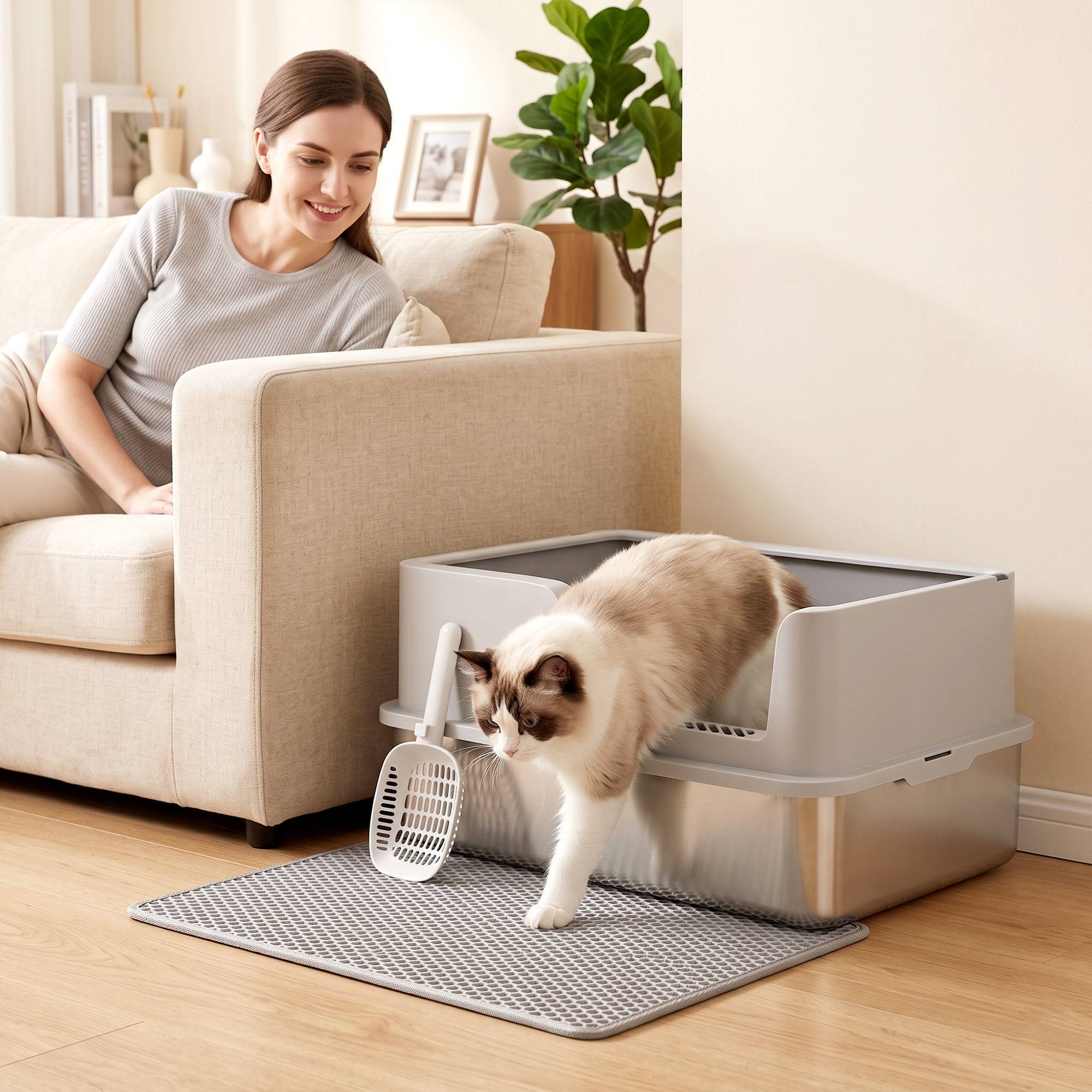 ComfortXL - Bac à litière XL en acier inoxydable 60 x 40 x 30 cm gris clair pour chat avec rebords anti-projections - Image 1