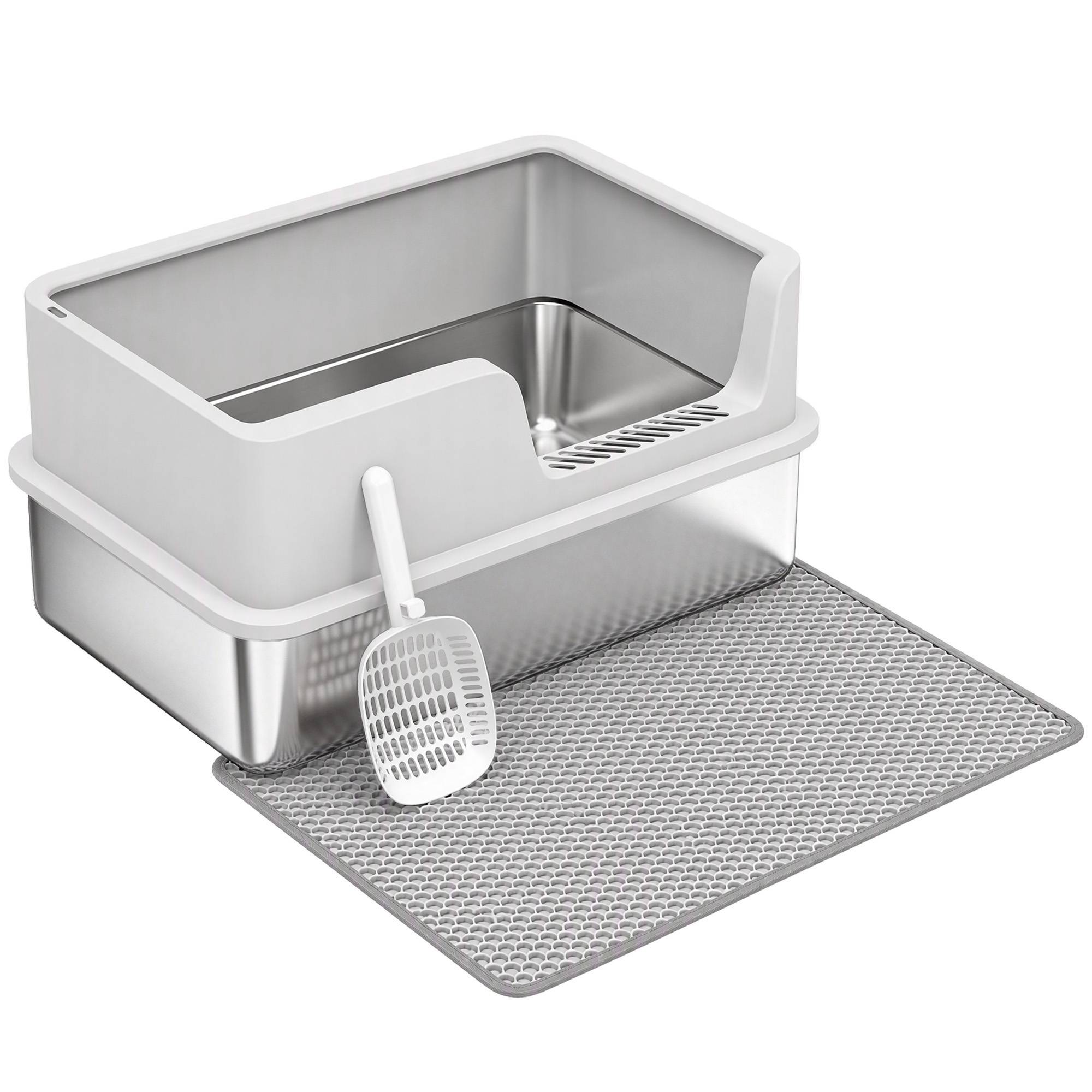 ComfortXL - Bac à litière XL en acier inoxydable 60 x 40 x 30 cm gris clair pour chat avec rebords anti-projections - Image 10