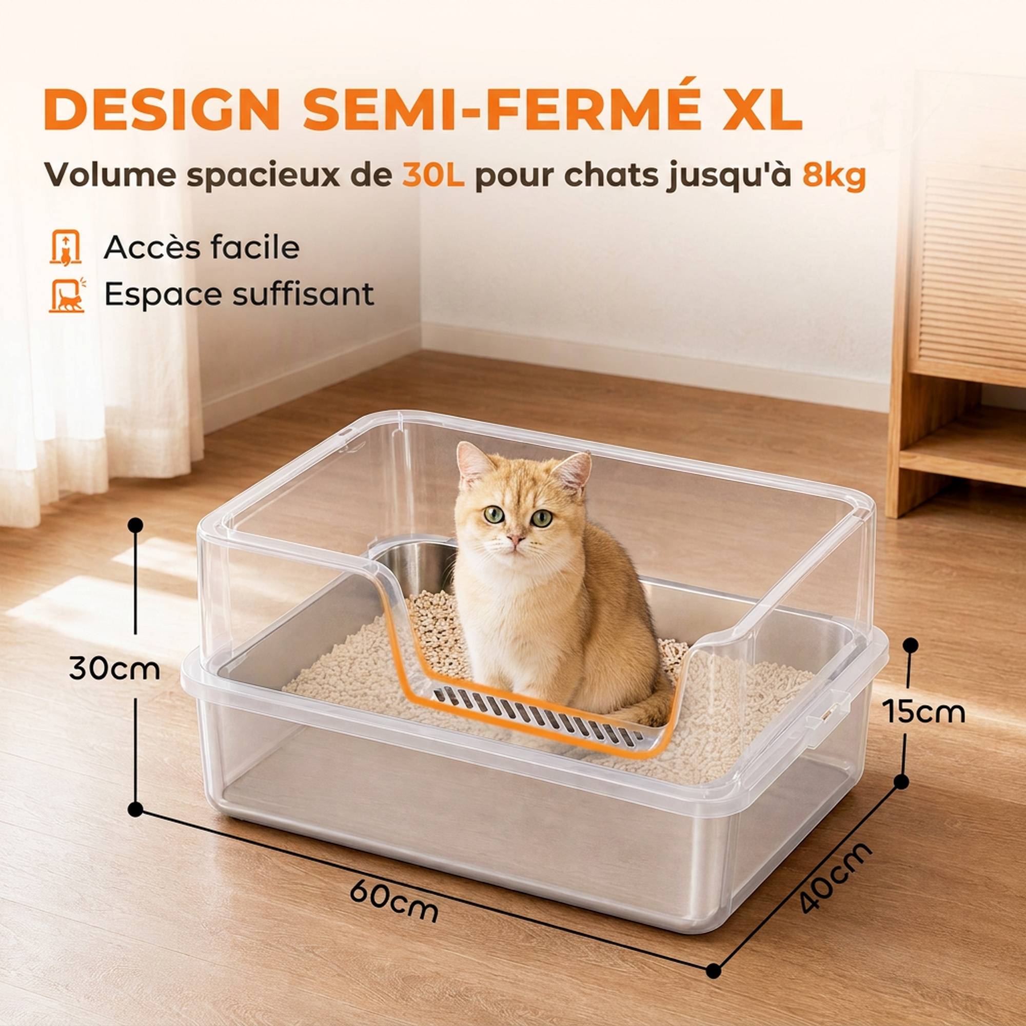 ComfortXL - Bac à litière XL en acier inoxydable 60 x 40 x 30 cm gris clair pour chat avec rebords anti-projections - Image 5